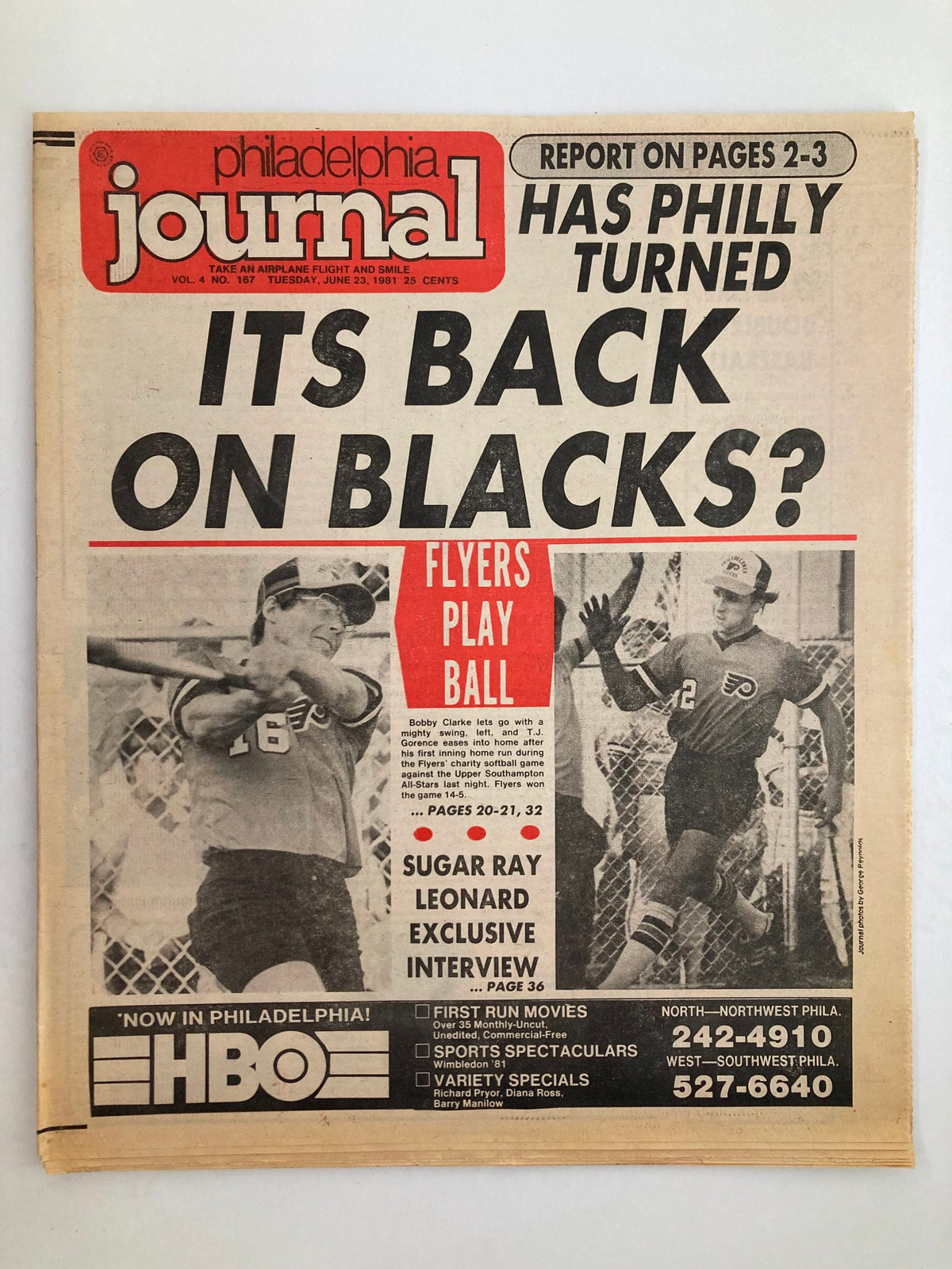 Philadelphia Journal Tabloid June 23 1981, Vol 4 #167, featuring a headline about the NHL Flyers with players on the cover. Good condition with minor wear.