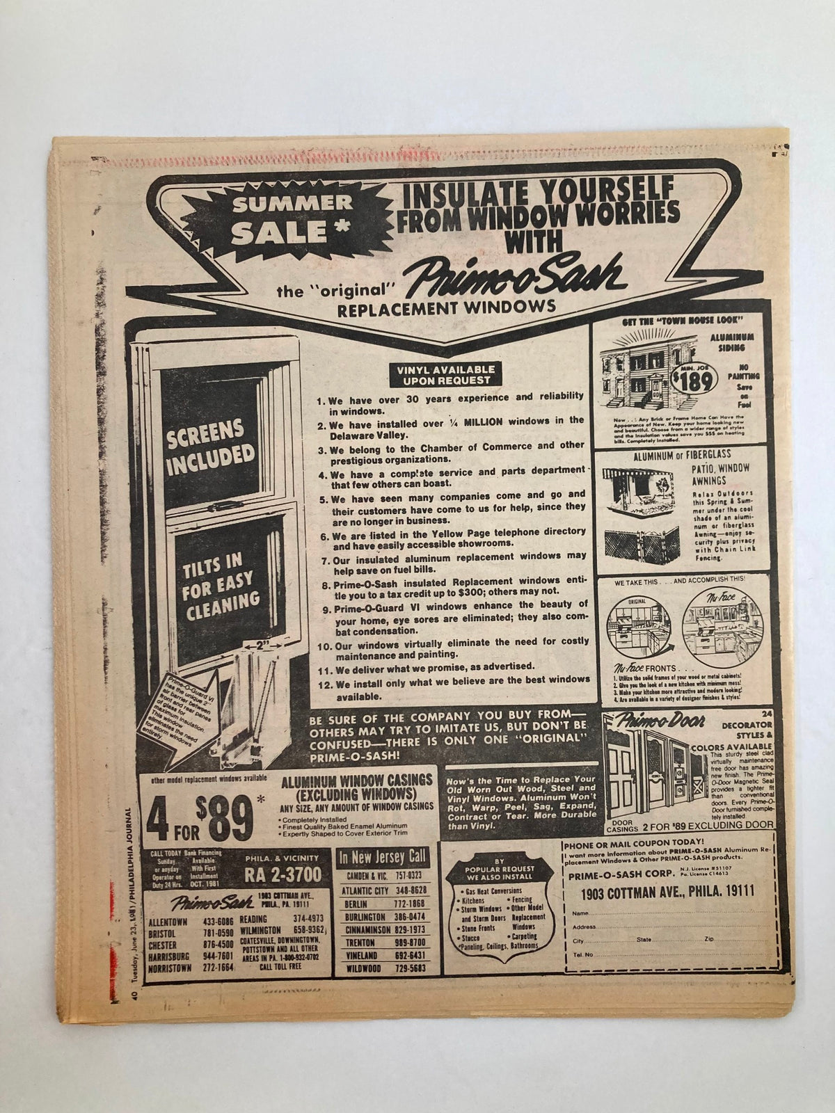 Back cover of Philadelphia Journal Tabloid June 23 1981, Vol 4 #167, showcasing an advertisement for home window insulation. Good condition with minor wear.