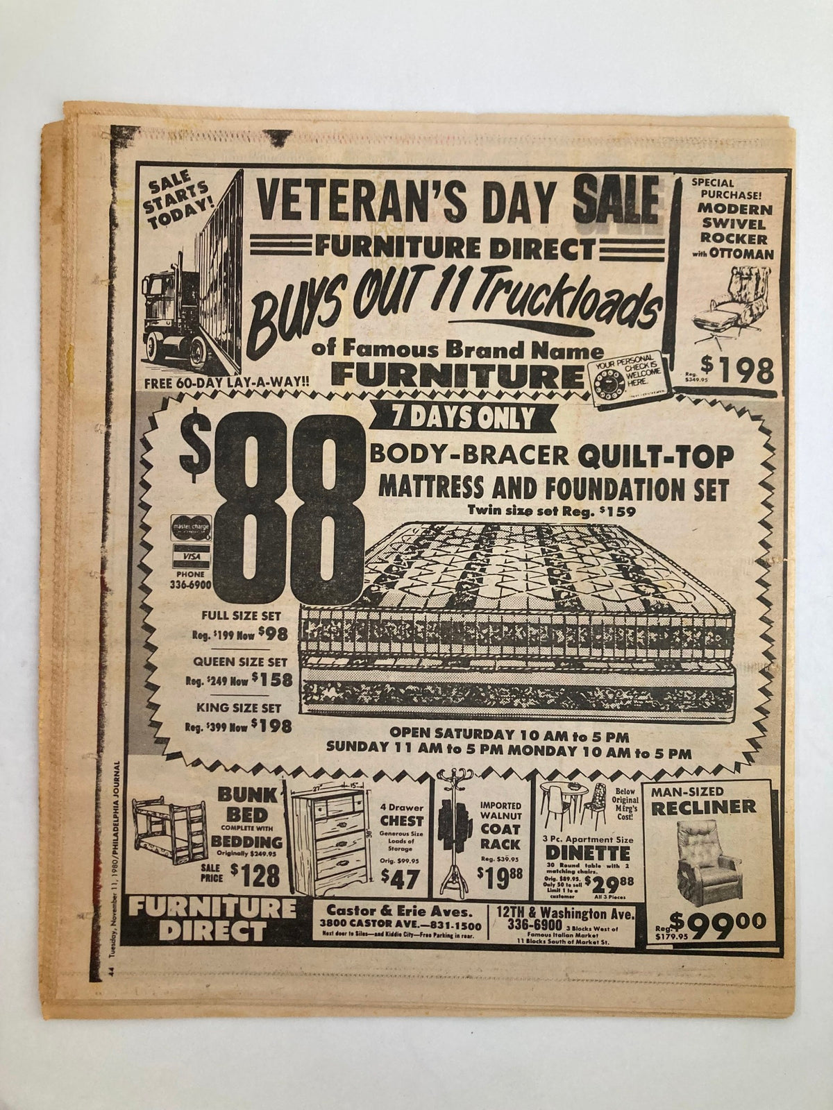 Philadelphia Journal Tabloid November 11 1980 Vol 3 #285 advertisement for Veteran's Day Sale, showcasing furniture deals including a mattress set and recliner.