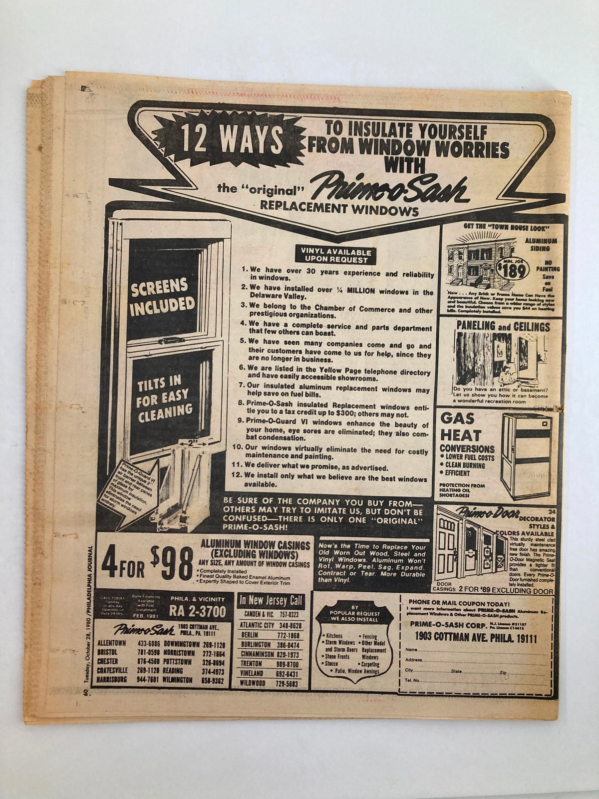 Back cover of Philadelphia Journal Tabloid, October 28, 1980, Vol 3 #273, showcasing an advertisement for window insulation services and replacement windows.