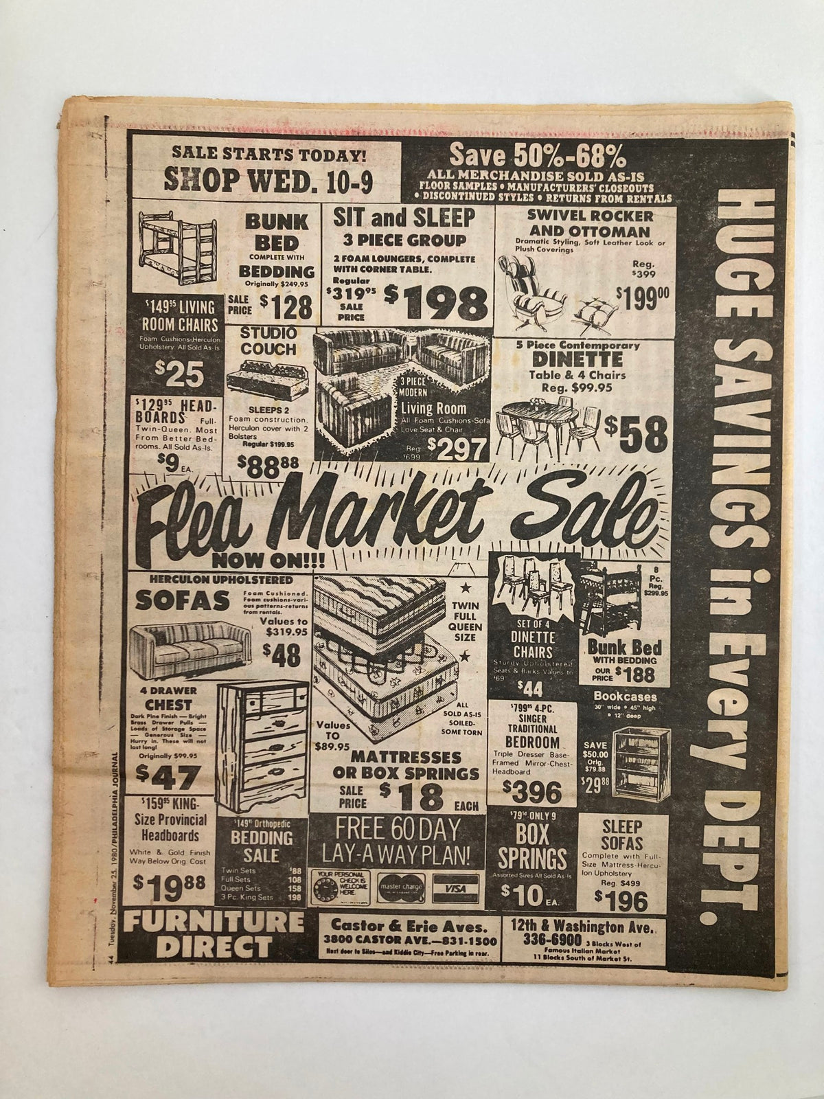 Advertisement for furniture sale in Philadelphia Journal Tabloid November 25, 1980, showcasing discounted prices on living room and bedroom furniture.