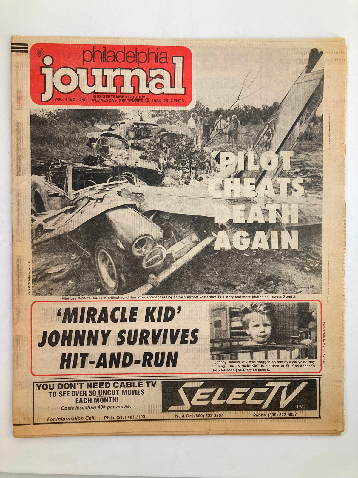 Philadelphia Journal Tabloid September 30 1981 Vol 4 #250 featuring an article on a pilot cheating death again, with a dramatic image of a crash scene.
