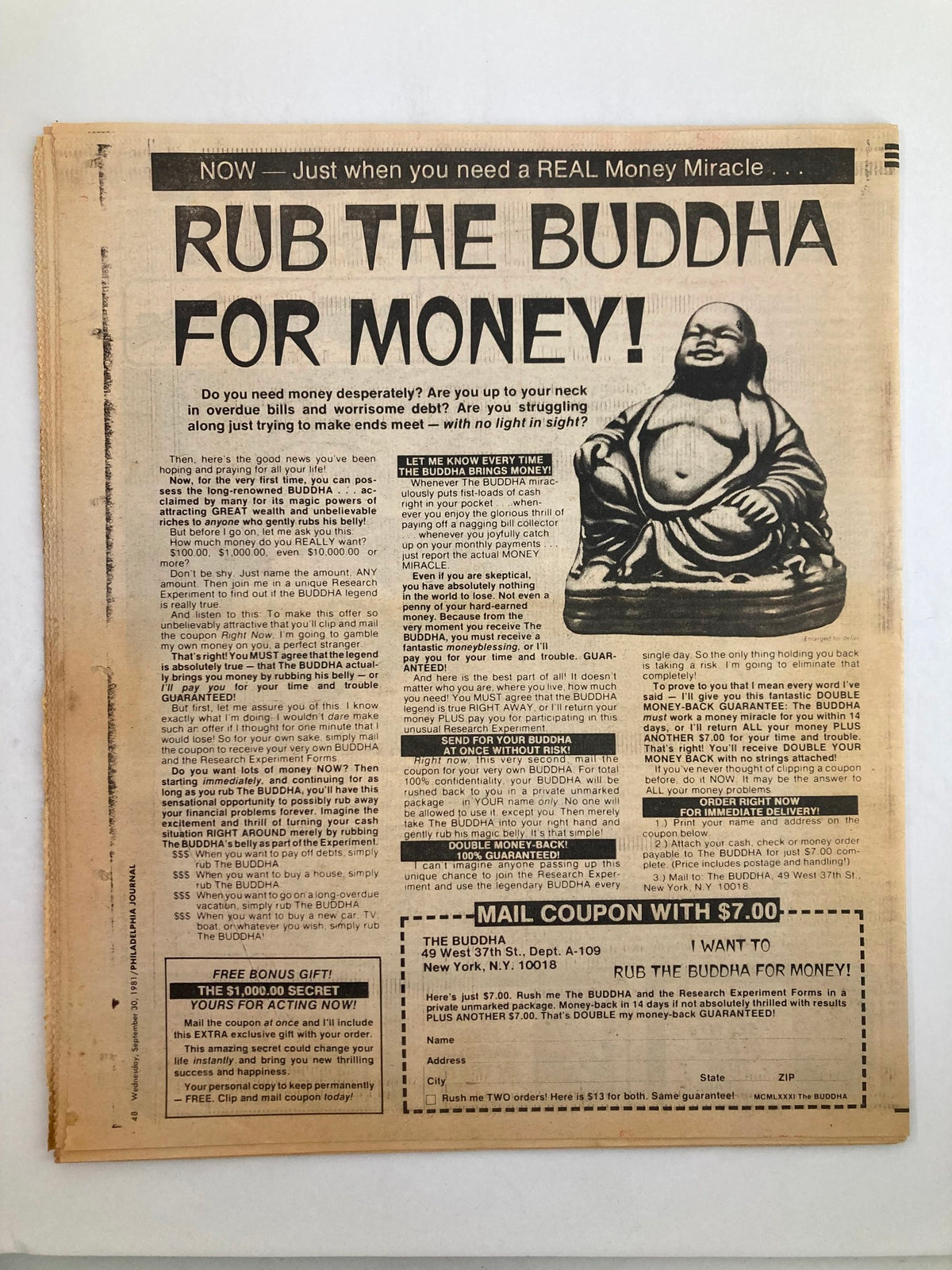Philadelphia Journal Tabloid September 30 1981 Vol 4 #250 includes an advertisement for 'Rub the Buddha for Money,' offering a money miracle solution.