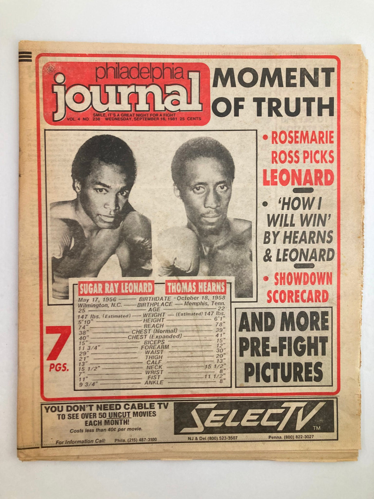 Philadelphia Journal Tabloid September 16 1981 featuring the iconic match between Sugar Ray Leonard and Thomas Hearns, headlines including 'Moment of Truth', and a photo of both boxers.