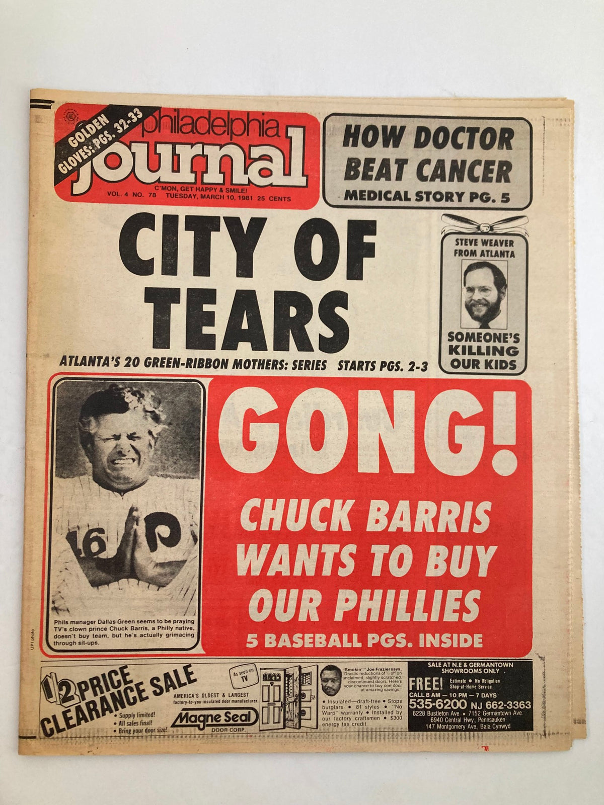 Philadelphia Journal Tabloid March 10 1981 Vol 4 #78 featuring main headline 'CITY OF TEARS' with an image of a baseball player. The tabloid discusses Atlanta's 20 Green-Ribbon Mothers and includes news about the Phillies.