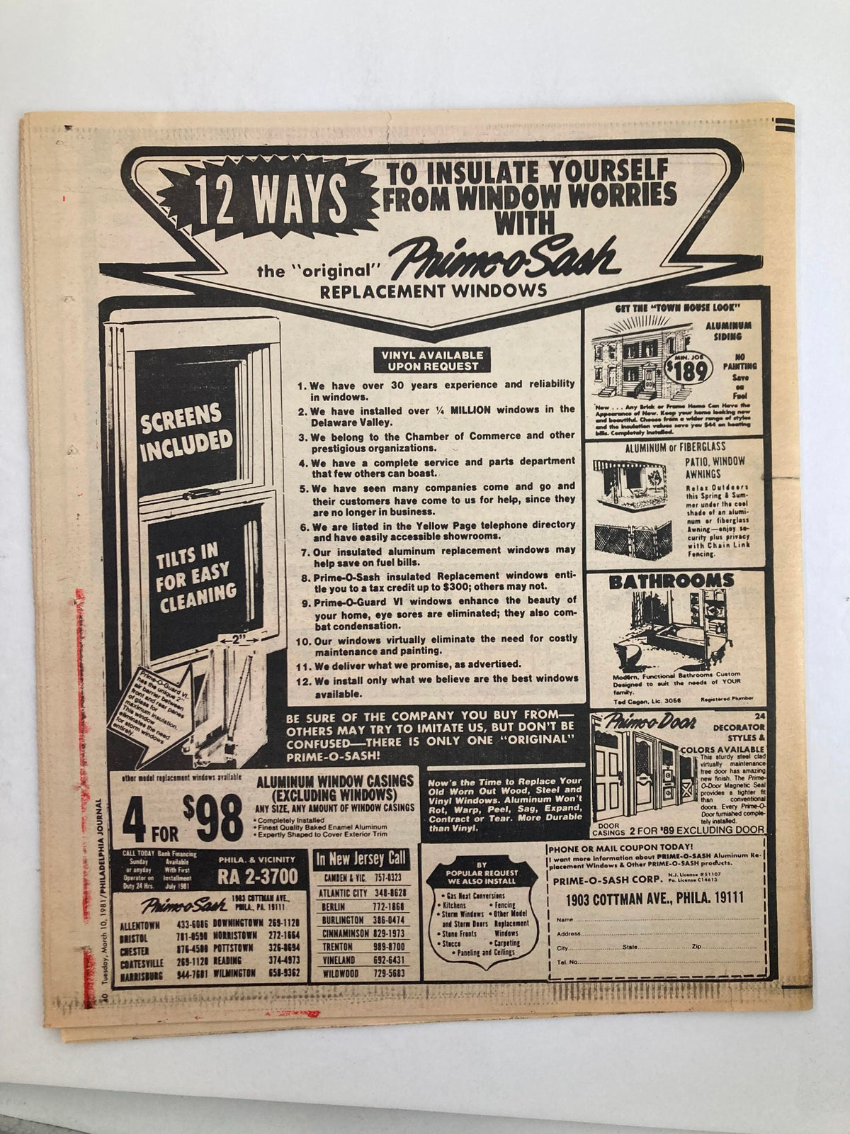 Back cover of the Philadelphia Journal Tabloid March 10 1981 containing an advertisement for window insulation services, showcasing '12 WAYS TO INSULATE YOURSELF FROM WINDOW WORRIES'.