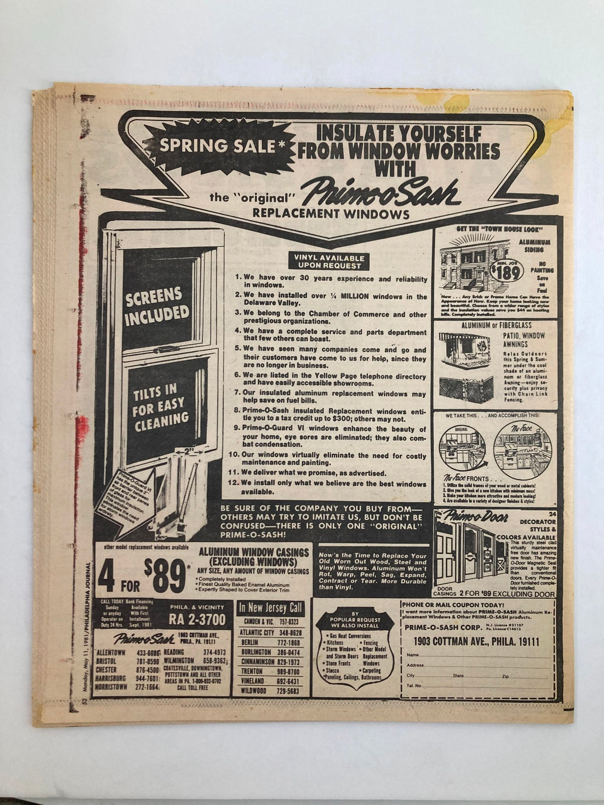 Spring sale advertisement for replacement windows on the back of Philadelphia Journal Tabloid from May 11, 1981, Vol 4 #131 MLB featuring the Phillies and Pete Rose. Includes details on window services and special offers.