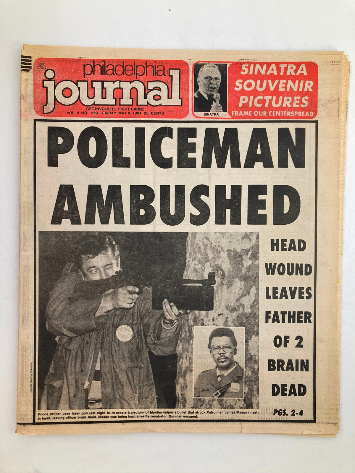 Philadelphia Journal Tabloid May 8 1981, Vol 4 #129. Cover features the headline 'Policeman Ambushed' with an image of a police officer using a laser gun.