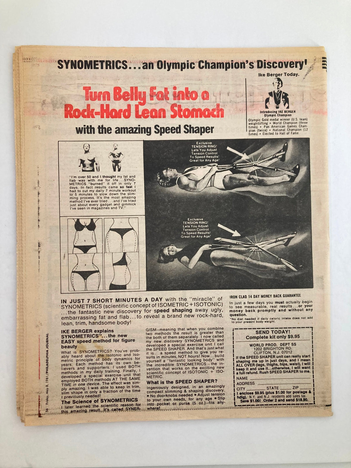 Philadelphia Journal Tabloid May 8 1981, Vol 4 #129. Back cover promotes a fitness product, featuring the headline 'Turn Belly Fat into a Rock-Hard Lean Stomach' with images demonstrating the Speed Shaper.