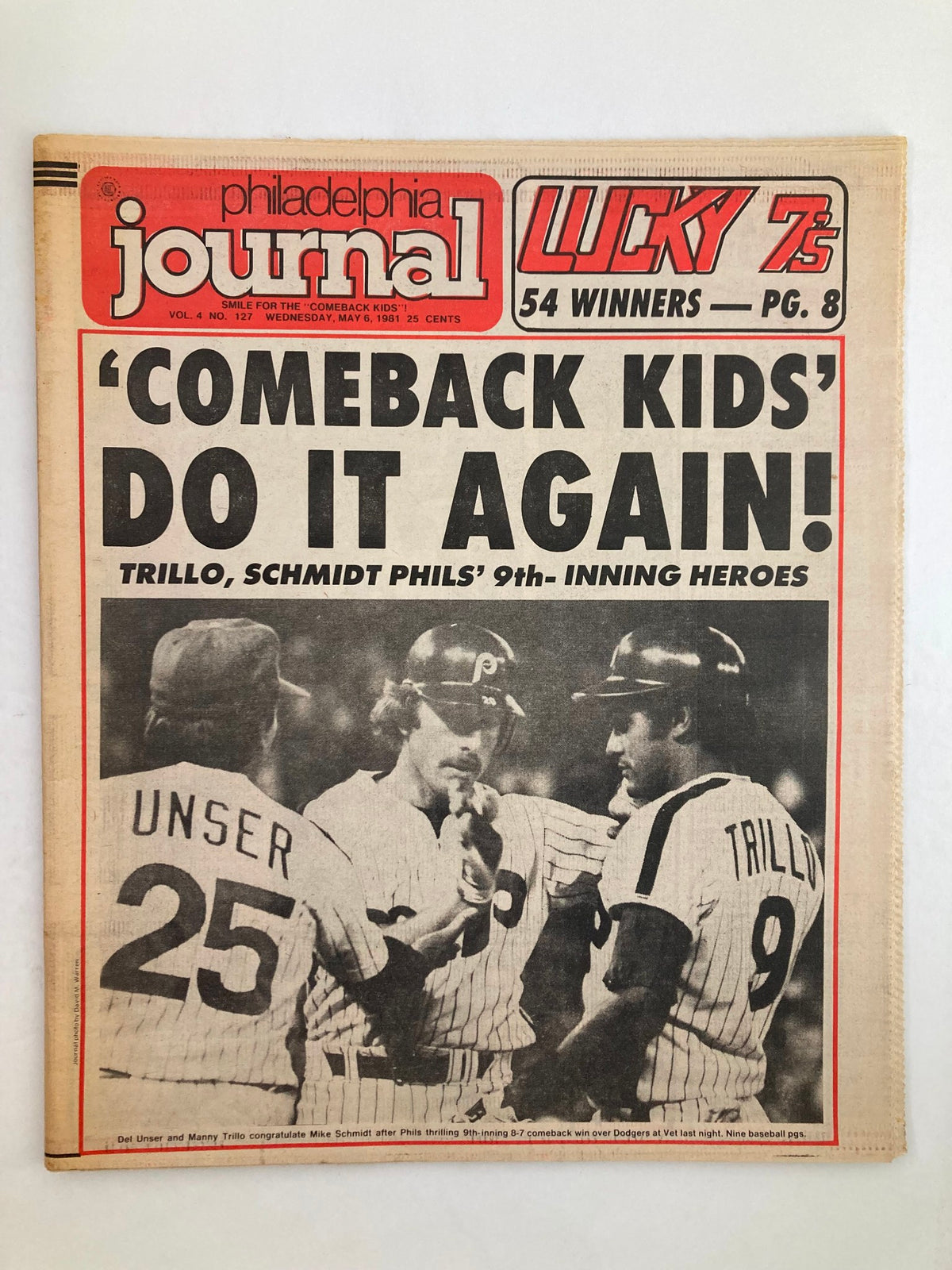 Philadelphia Journal Tabloid May 6, 1981 featuring MLB Phillies players Manny Trillo and Mike Schmidt, headlines 'COMEBACK KIDS DO IT AGAIN!' with a focus on their 9th-inning heroics.