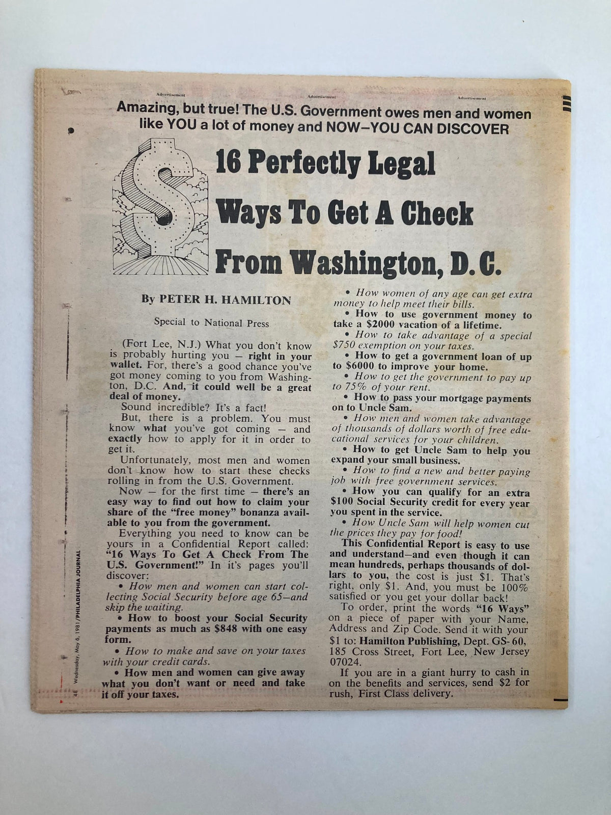 Philadelphia Journal Tabloid May 6, 1981, back page listing '16 Perfectly Legal Ways To Get A Check From Washington, D.C.' by Peter H. Hamilton, under the context of government benefits.