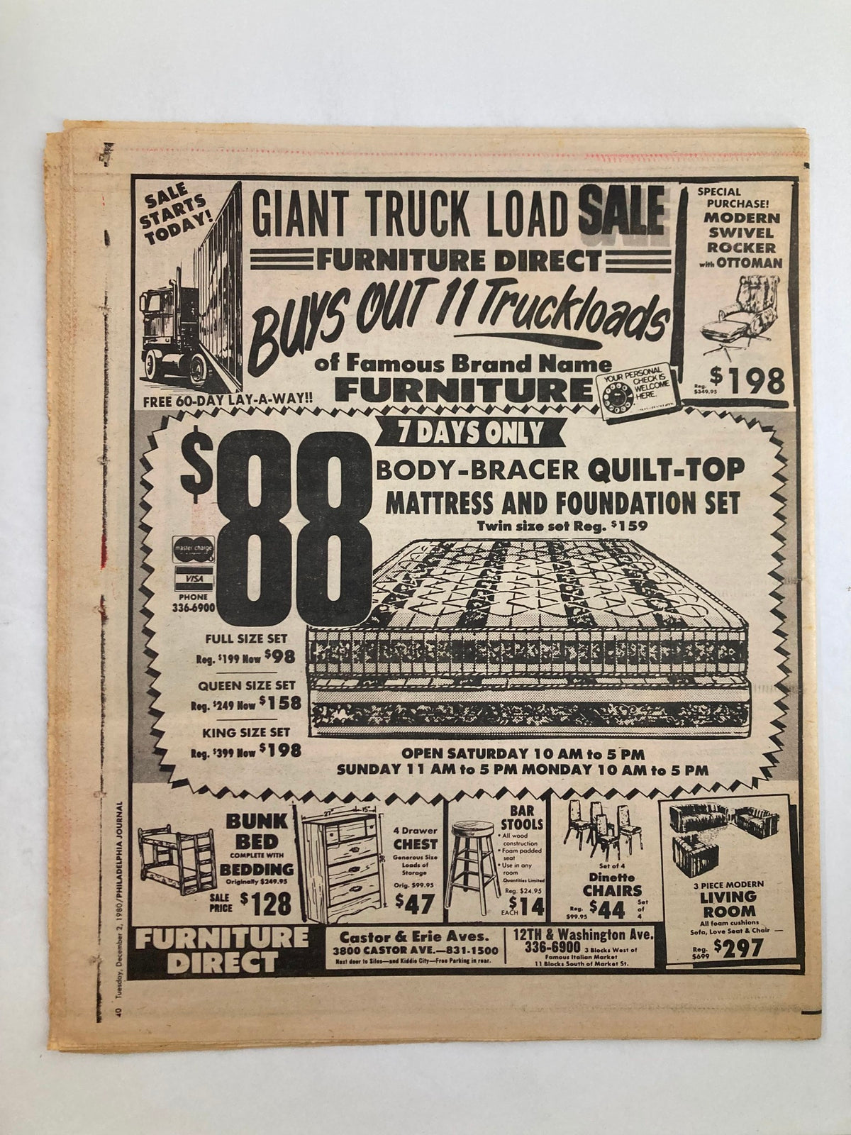 Philadelphia Journal Tabloid dated December 2, 1980 featuring MLB Phillies player Lonnie Smith displaying an angry expression. The image shows an advertisement for a Giant Truck Load Sale at Furniture Direct with pricing details for various mattresses and furniture items.