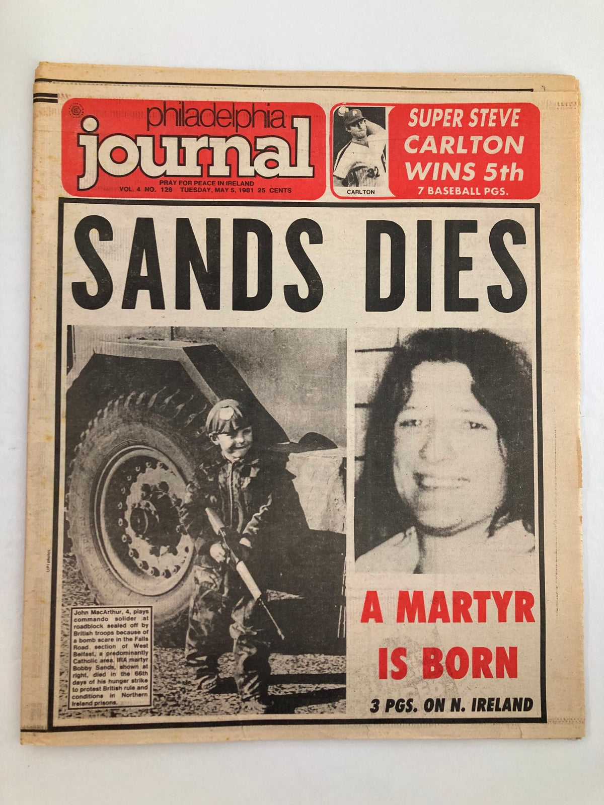 Philadelphia Journal Tabloid May 25 1981 Vol 4 #126 cover featuring the headline 'Sands Dies' with an image of a young boy and a woman, indicating significant news events.
