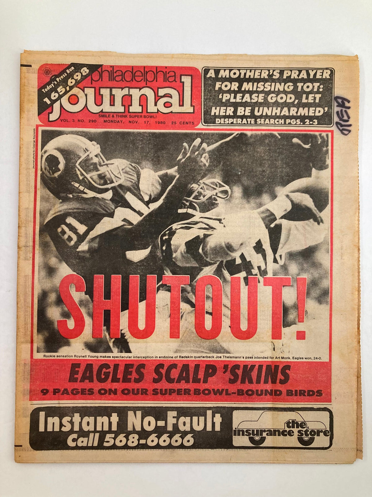 Front page of the Philadelphia Journal Tabloid from November 17, 1980, Vol. 3 No. 290 featuring a headline about the Philadelphia Eagles and a notable play by Roynell Young.