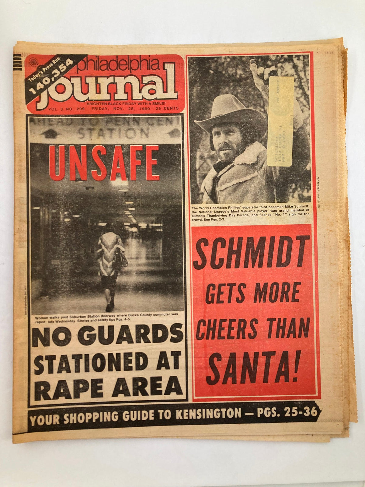 Philadelphia Journal Tabloid November 28 1980 featuring MLB Phillies Mike Schmidt on the front page, highlighting a report on safety issues and Schmidt's popularity.