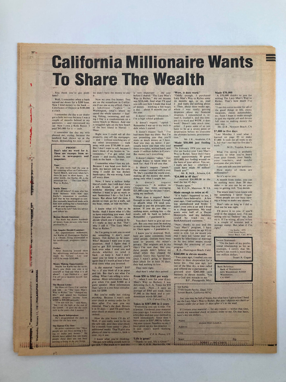Back page of Philadelphia Journal Tabloid from February 11, 1981, discussing wealth-sharing by a California millionaire.