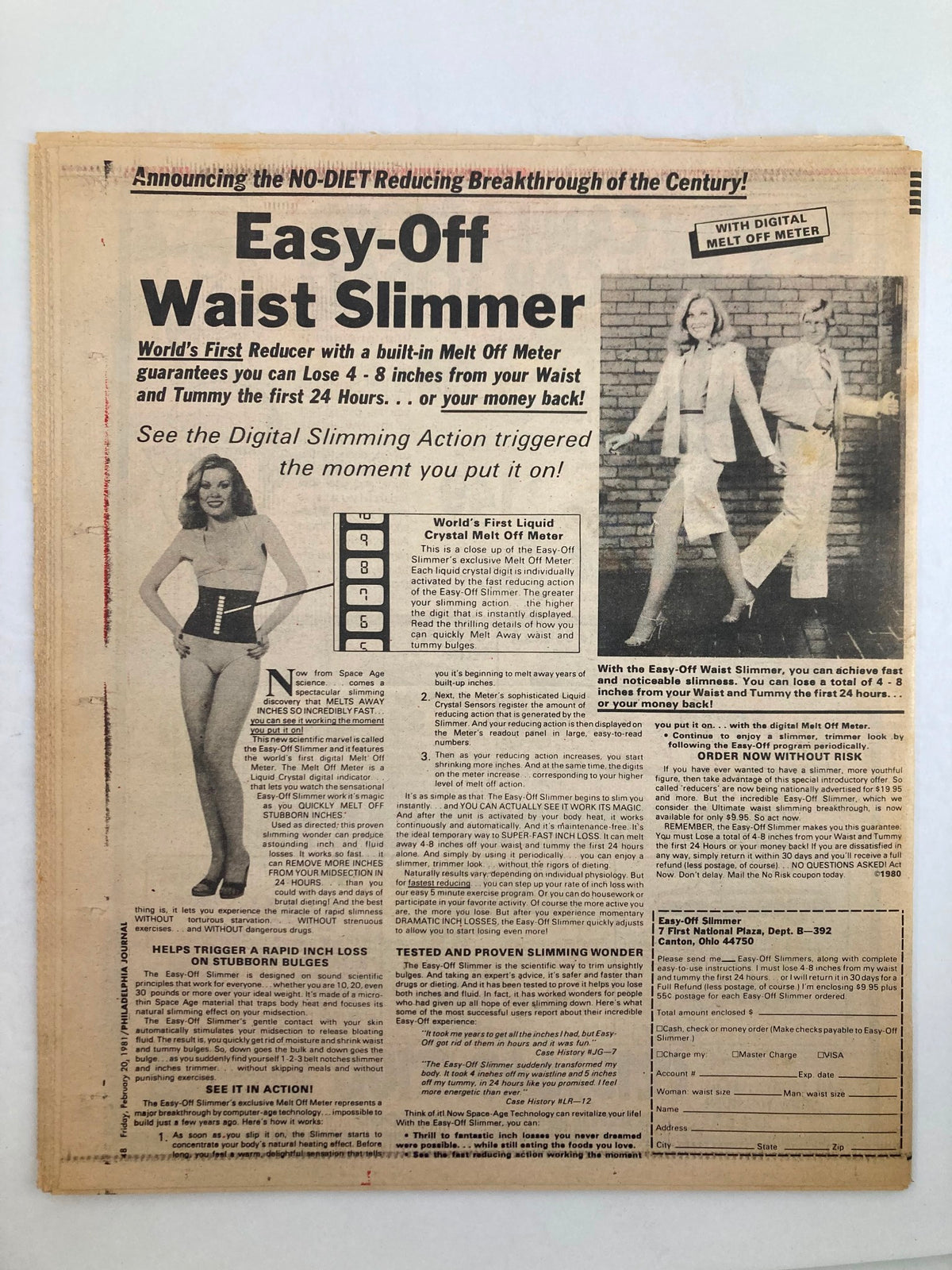 Philadelphia Journal Tabloid February 20 1981 Vol 4 #63 advertisement for Easy-Off Waist Slimmer, promoting weight loss with a built-in Melt Off Meter. The ad highlights guarantees for losing inches from the waist and tummy.