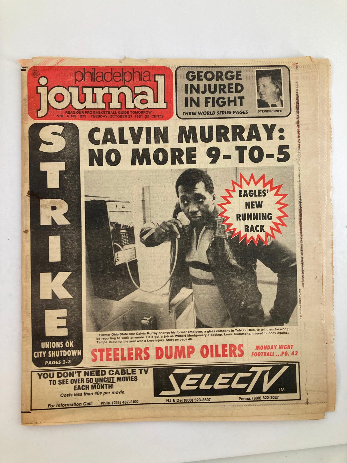Philadelphia Journal Tabloid from October 27, 1981, featuring Calvin Murray on the cover, highlighting his transition from a traditional job to becoming a new running back for the Philadelphia Eagles. The tabloid includes a striking headline about a strike and mentions the Pittsburgh Steelers.