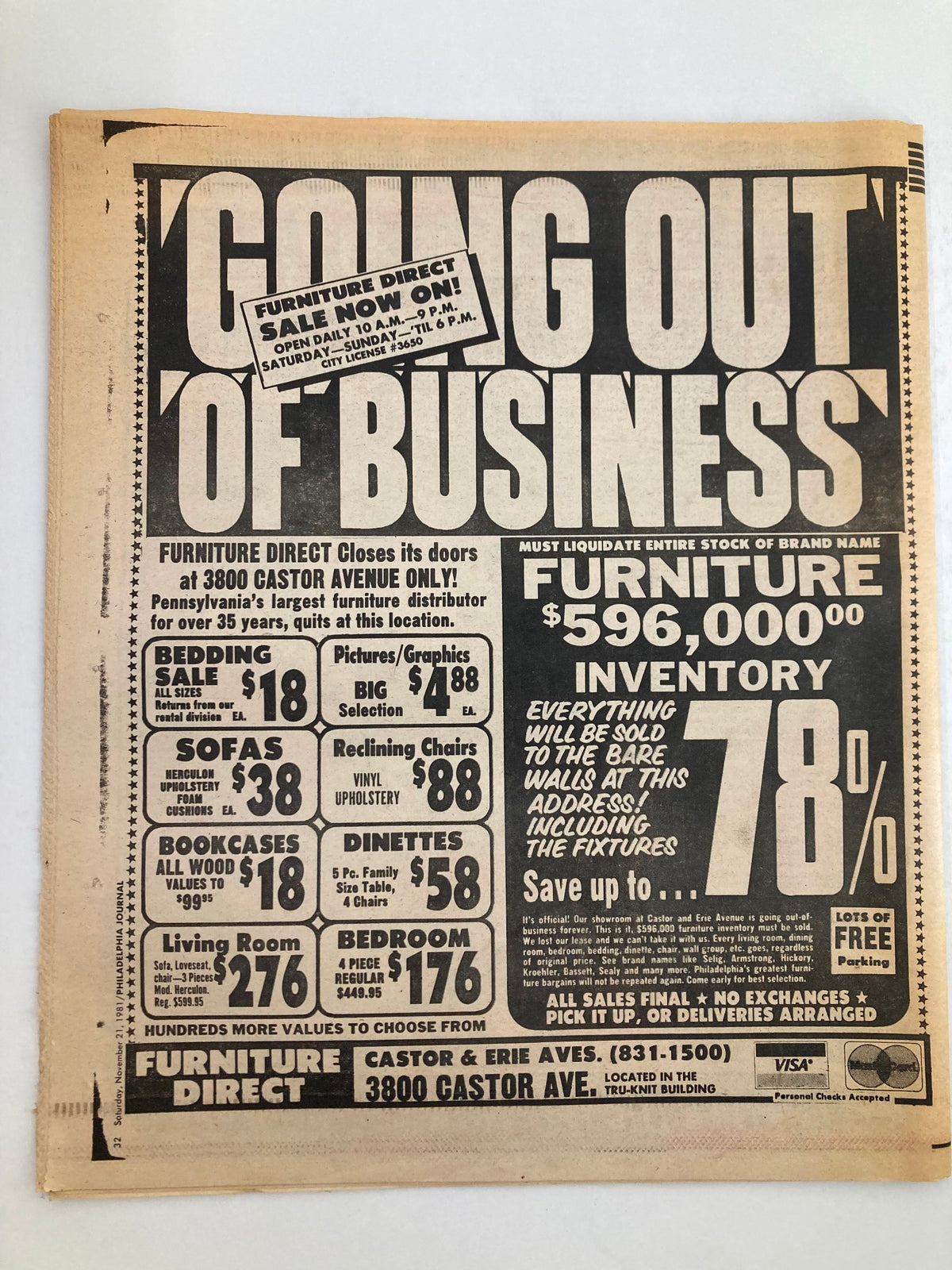 Advertisement for a furniture store going out of business, showcasing discounts and sales on various furniture items. The ad features bold text and pricing information, emphasizing liquidation inventory.