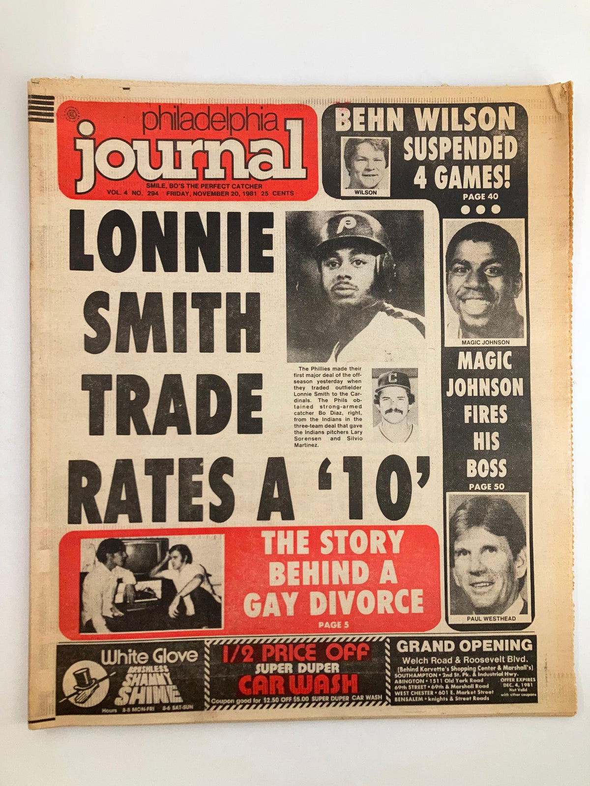 Philadelphia Journal Tabloid November 20 1981 Vol 4 #294 featuring Lonnie Smith trade rates a '10', showcasing Magic Johnson's firing of his boss, grand opening of a car wash, and a story about a gay divorce.