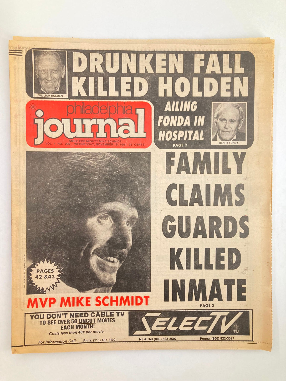 Philadelphia Journal Tabloid from November 18, 1981, featuring MLB Phillies MVP Mike Schmidt on the front page, alongside headlines about a serious incident and an ailing Fonda in hospital.