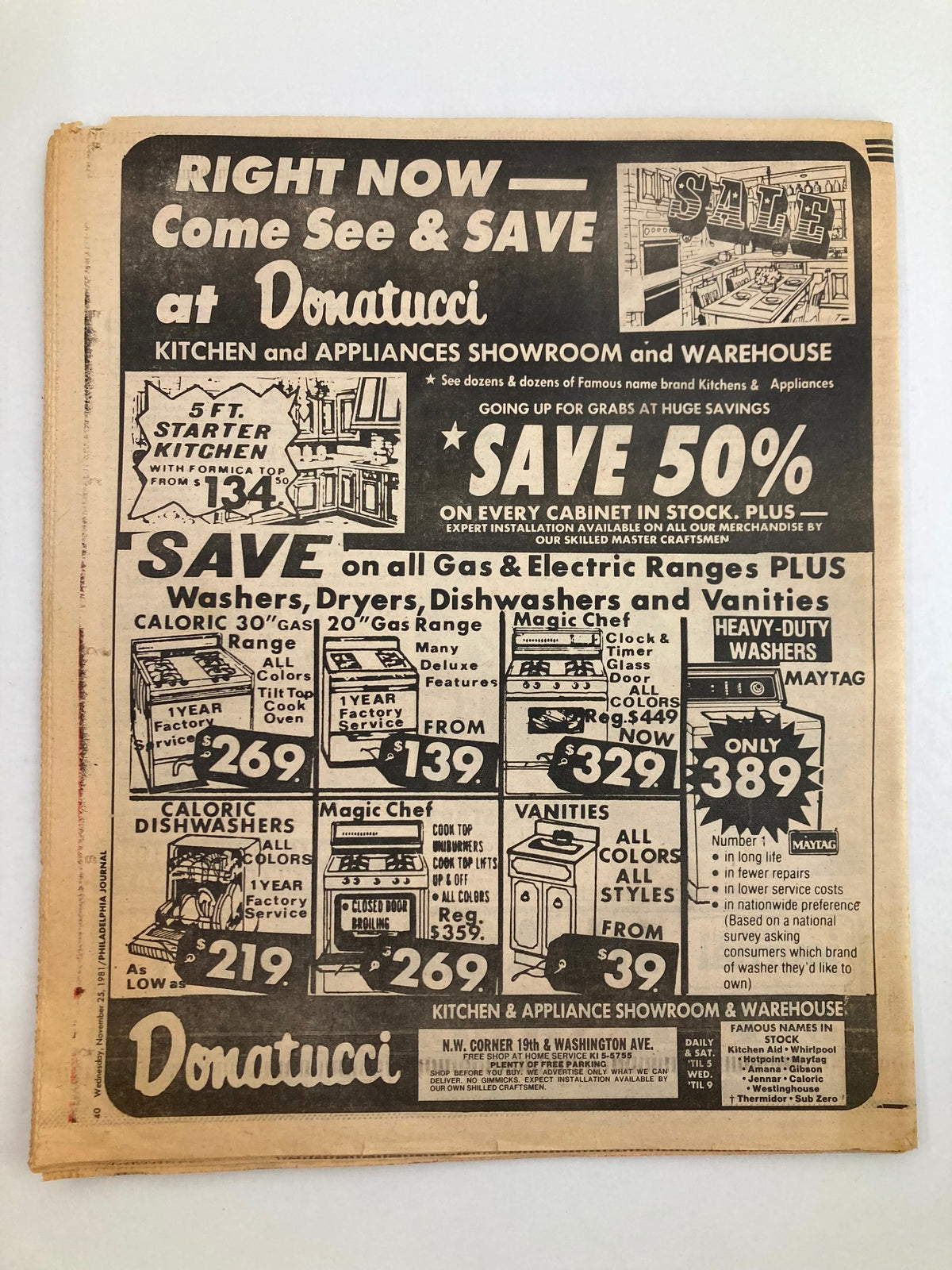 Advertisement for Donatucci Kitchen and Appliances, showing a sale on various products, featured in Philadelphia Journal tabloid from November 25, 1981.