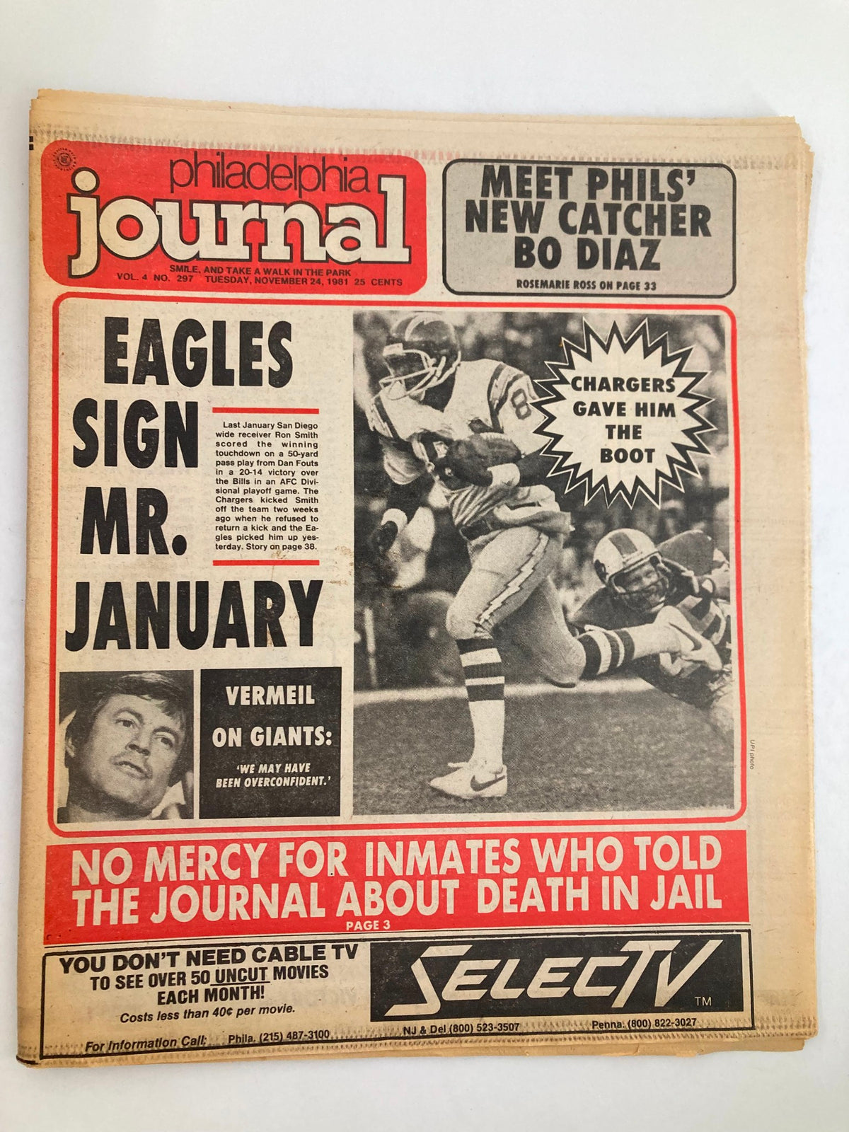 Philadelphia Journal Tabloid November 24 1981 Vol 4 #297 featuring Eagles Sign Mr. January headline and NFL related content, showcasing Philadelphia Eagles news and sports information.