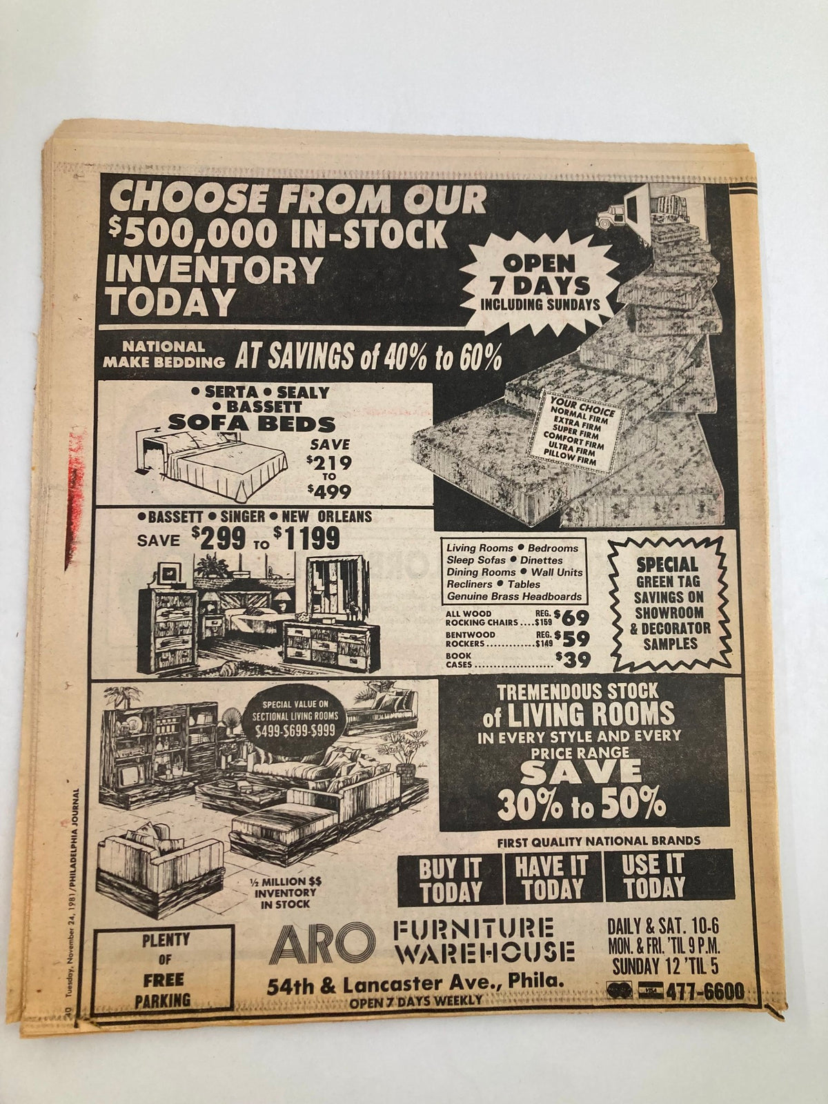 Philadelphia Journal Tabloid November 24 1981 Vol 4 #297 advertising ARO Furniture Warehouse inventory details with significant discounts on living room furnishings, complete with open hours information.