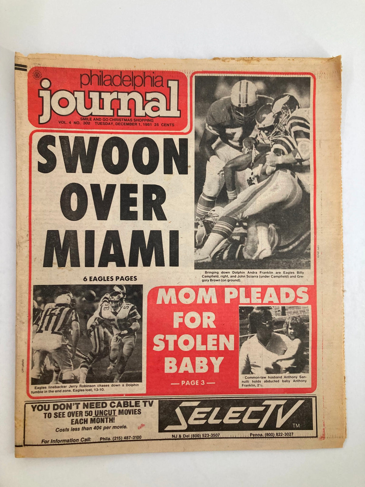 Philadelphia Journal Tabloid December 1 1981 featuring NFL Dolphins Andra Franklin, with headlines on sports and local news.