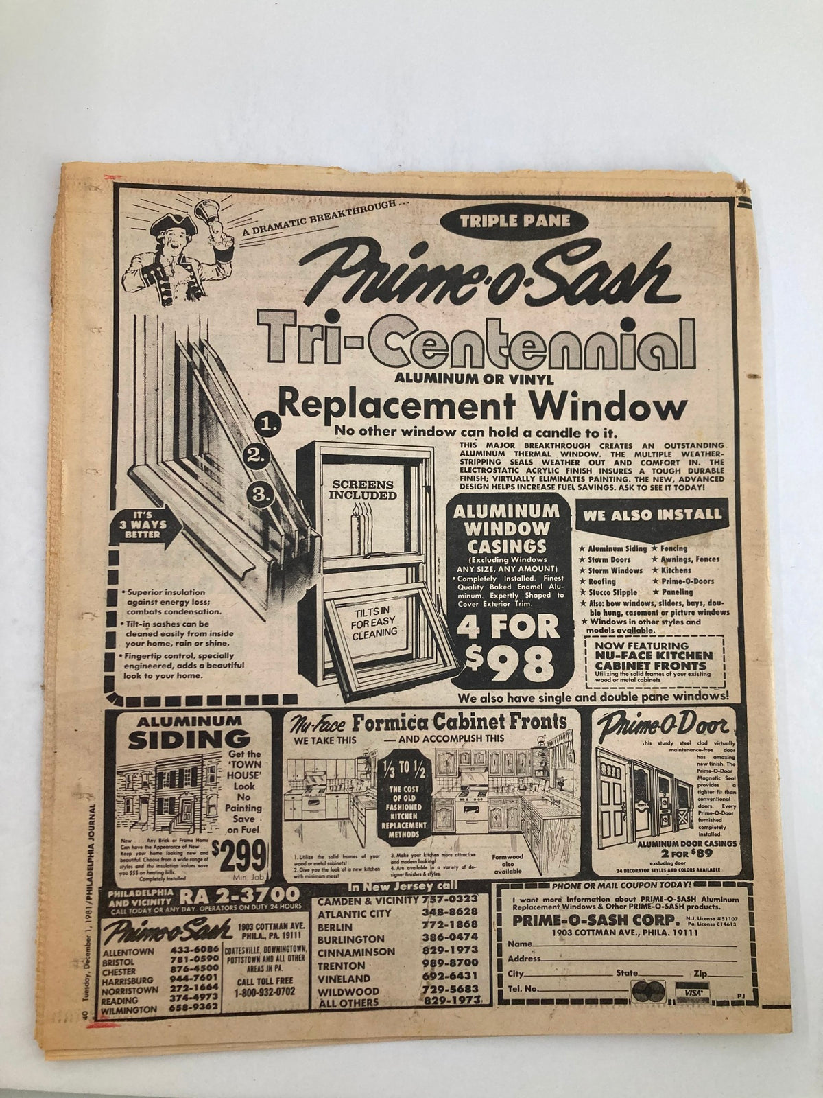 Advertisement for Prime-O-Sash windows on the back of Philadelphia Journal Tabloid December 1 1981, showcasing offers and replacement services.