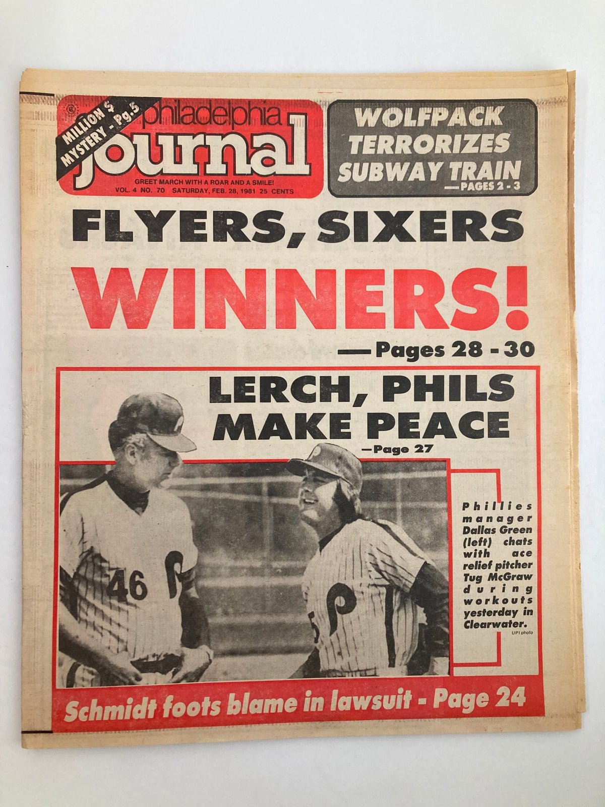 Philadelphia Journal Tabloid February 28 1981 Vol 4 #70 featuring Philadelphia sports headlines with Flyers and Sixers winners, and images of Tug McGraw and Dallas Green on the front page.