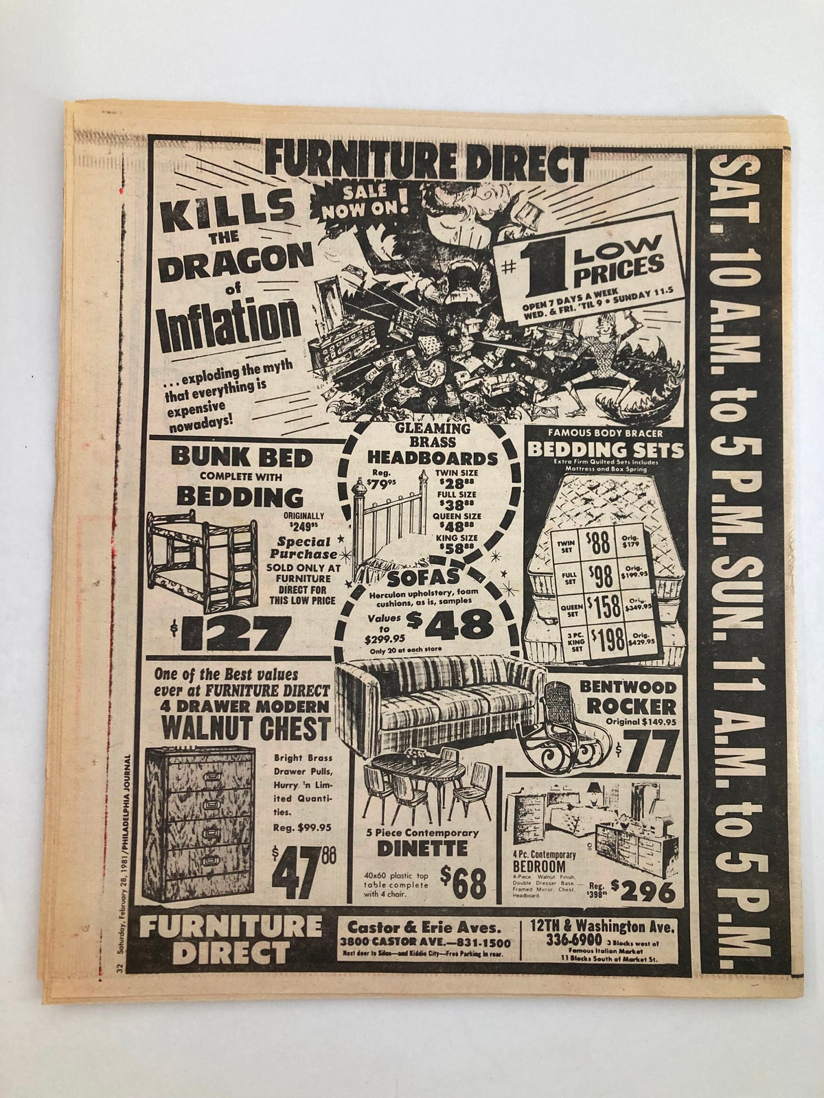 Philadelphia Journal Tabloid February 28 1981 Vol 4 #70 includes a Furniture Direct advertisement labeled 'Kills the Dragon Inflation' showcasing various furniture items and prices.