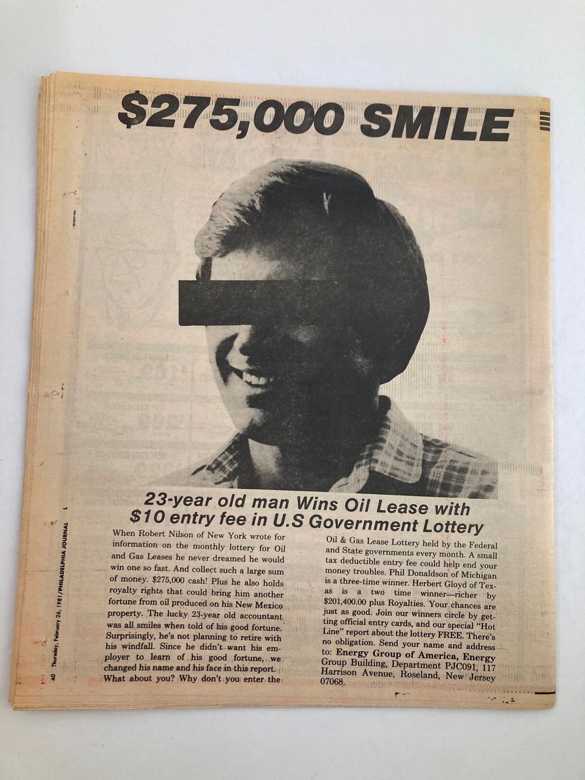Philadelphia Journal Tabloid February 26 1981 featuring a smiling young man with obscured eyes, promoting a lottery win; emphasizes the excitement surrounding financial gains from government lotteries.