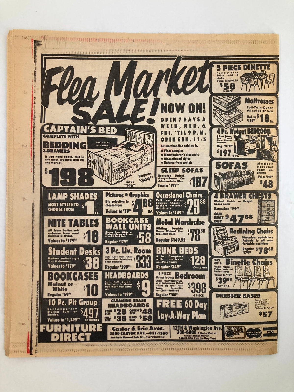 Flea Market Sale advertisement showcasing various furniture items including beds, sofas, and desks. Features Philadelphia Journal Tabloid July 18 1981 Vol 4 #188 Girard Point Bridge Crash news highlight.