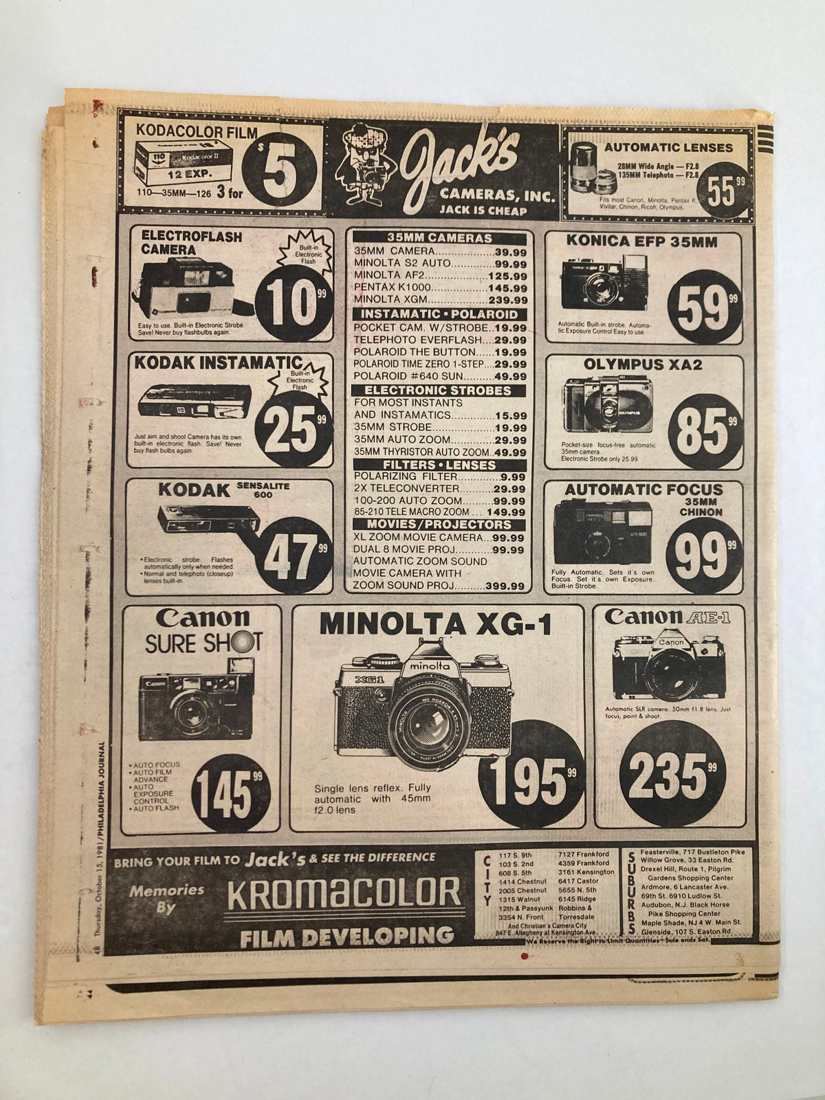 Vintage advertisement page from the Philadelphia Journal Tabloid dated October 15, 1981. This ad features Jack's Cameras equipment including 35mm cameras, instant cameras, and electronic strobes, highlighting prices and models, reflecting the era's photography trends.