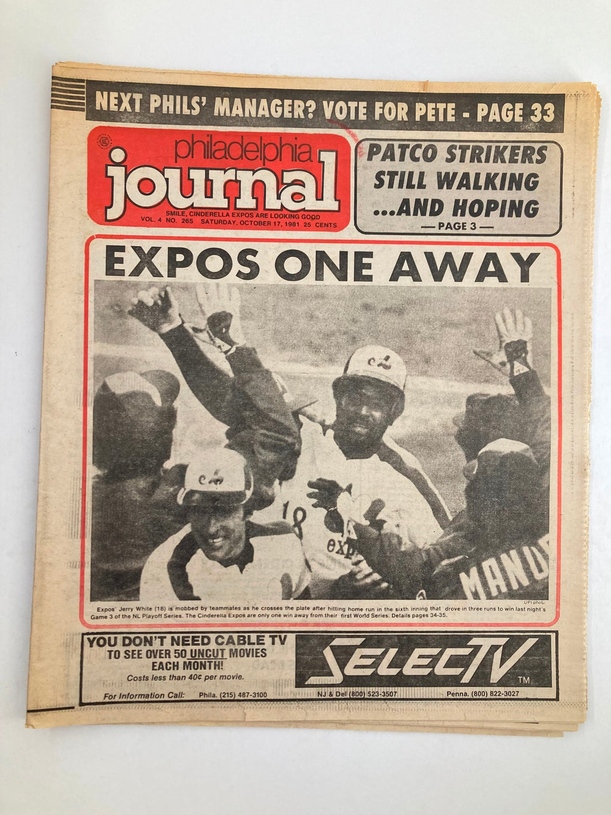 Philadelphia Journal Tabloid October 17 1981 Vol 4 #265 featuring MLB Expos celebrating, titled 'Expos One Away', showcasing baseball players in celebration.