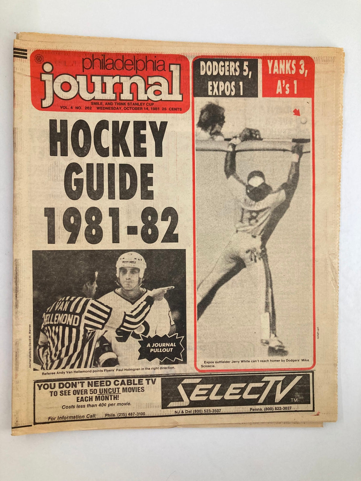 Philadelphia Journal Tabloid issue from October 14, 1981, Volume 4 #262, featuring the hockey guide for the NHL season 1981-82. The front page showcases referee Andy Van Hellemond directing Flyers player Paul Holmgren, along with scores from other games. An essential collectible for vintage sports journalism and Philadelphia Flyers fans.