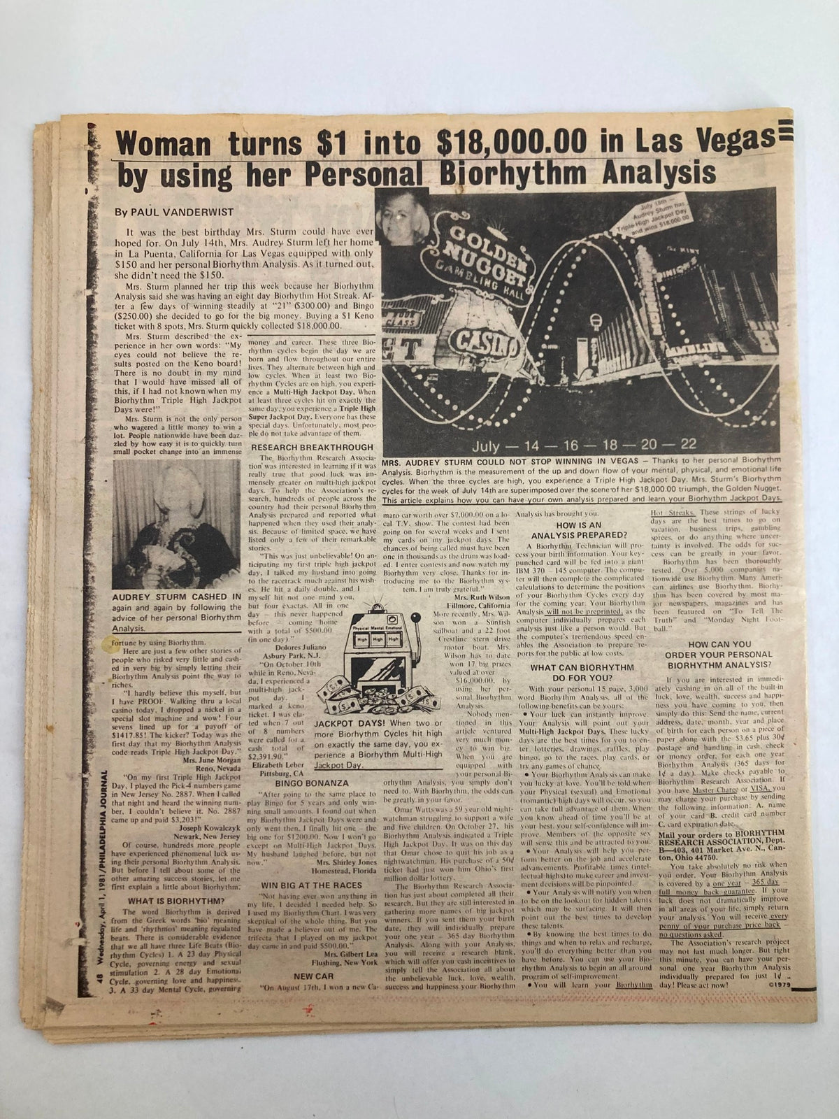 Inside page of the Philadelphia Journal tabloid from April 1, 1981, showcasing an article about a woman turning $1 into $18,000 in Las Vegas using personal biorhythm analysis.