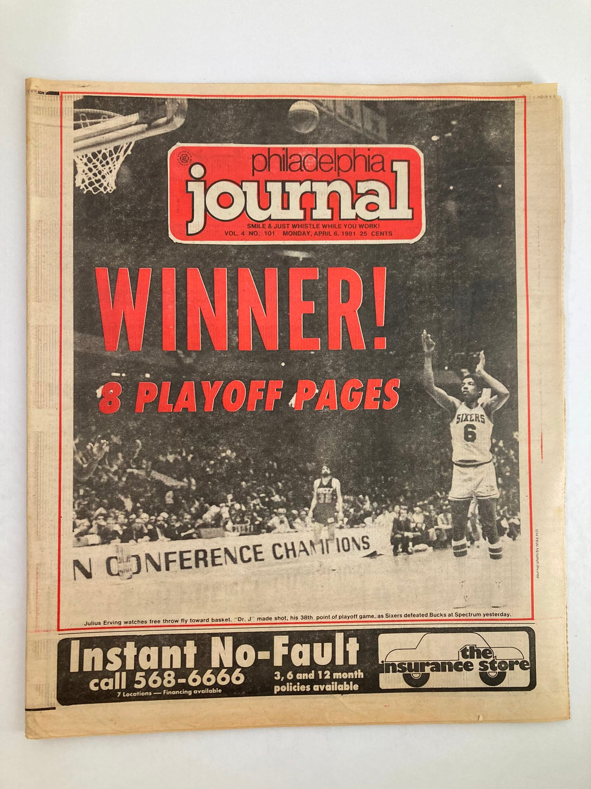 Philadelphia Journal Tabloid April 6 1981 Vol 4 #101 NBA Sixers Julius Erving cover featuring the headline 'WINNER!' showcasing playoff content with prominent basketball imagery.