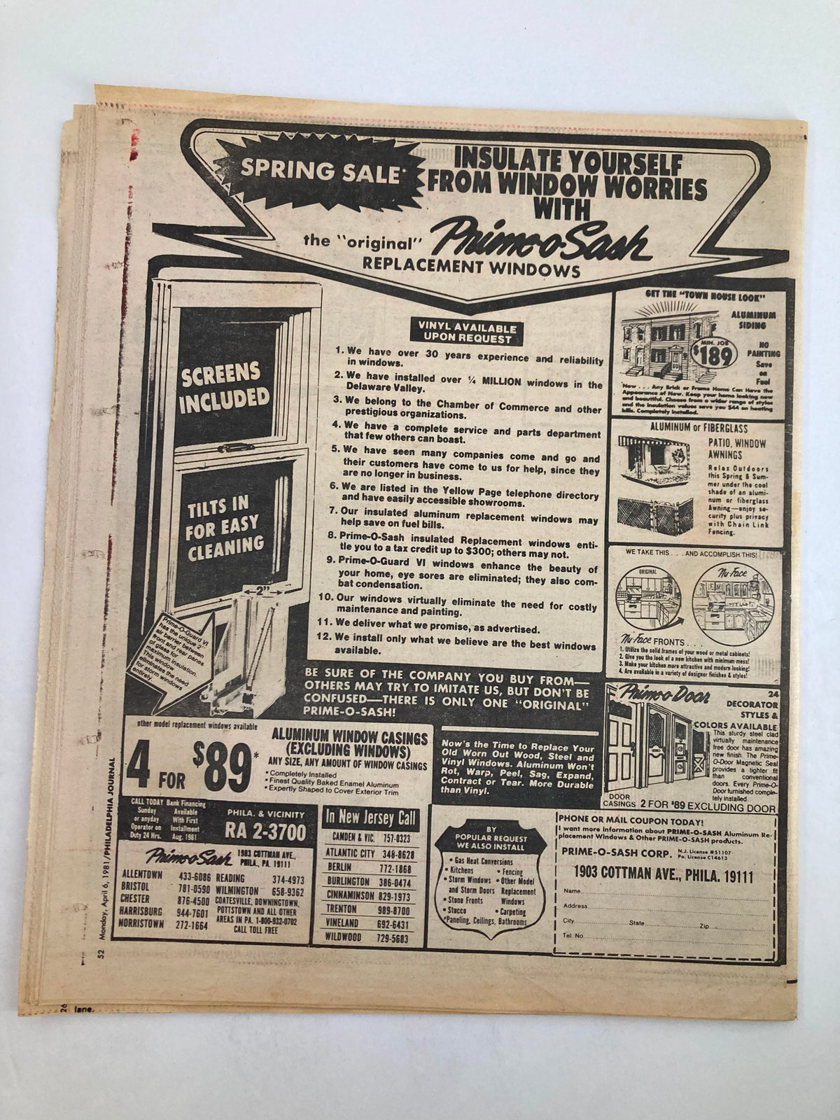 Inside page of Philadelphia Journal Tabloid April 6 1981 Vol 4 #101 featuring an advertisement for window replacements, highlighting a spring sale with pricing details.