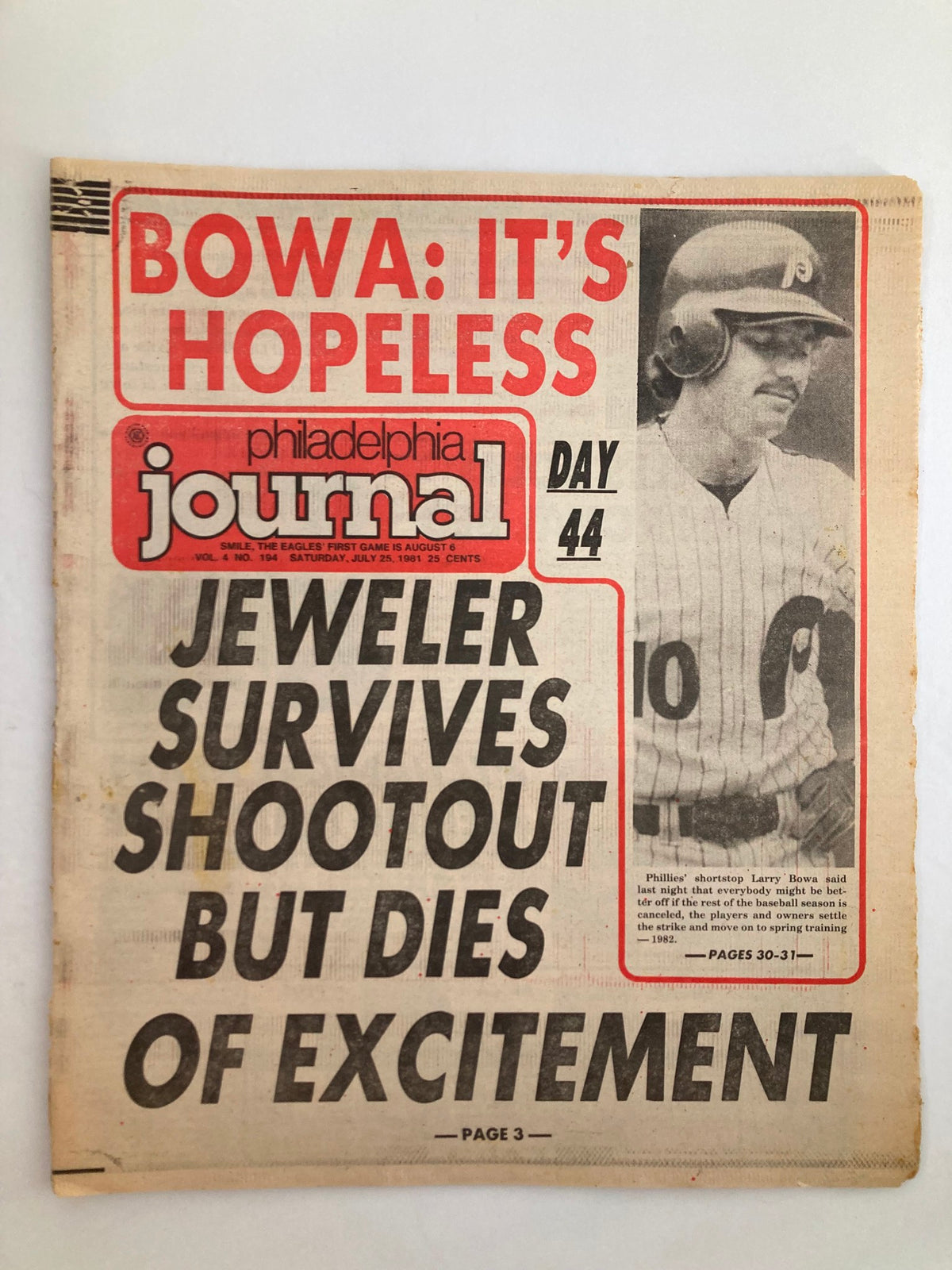 Philadelphia Journal tabloid from July 5, 1981, featuring Larry Bowa on the cover with bold headlines discussing a critical moment in baseball.