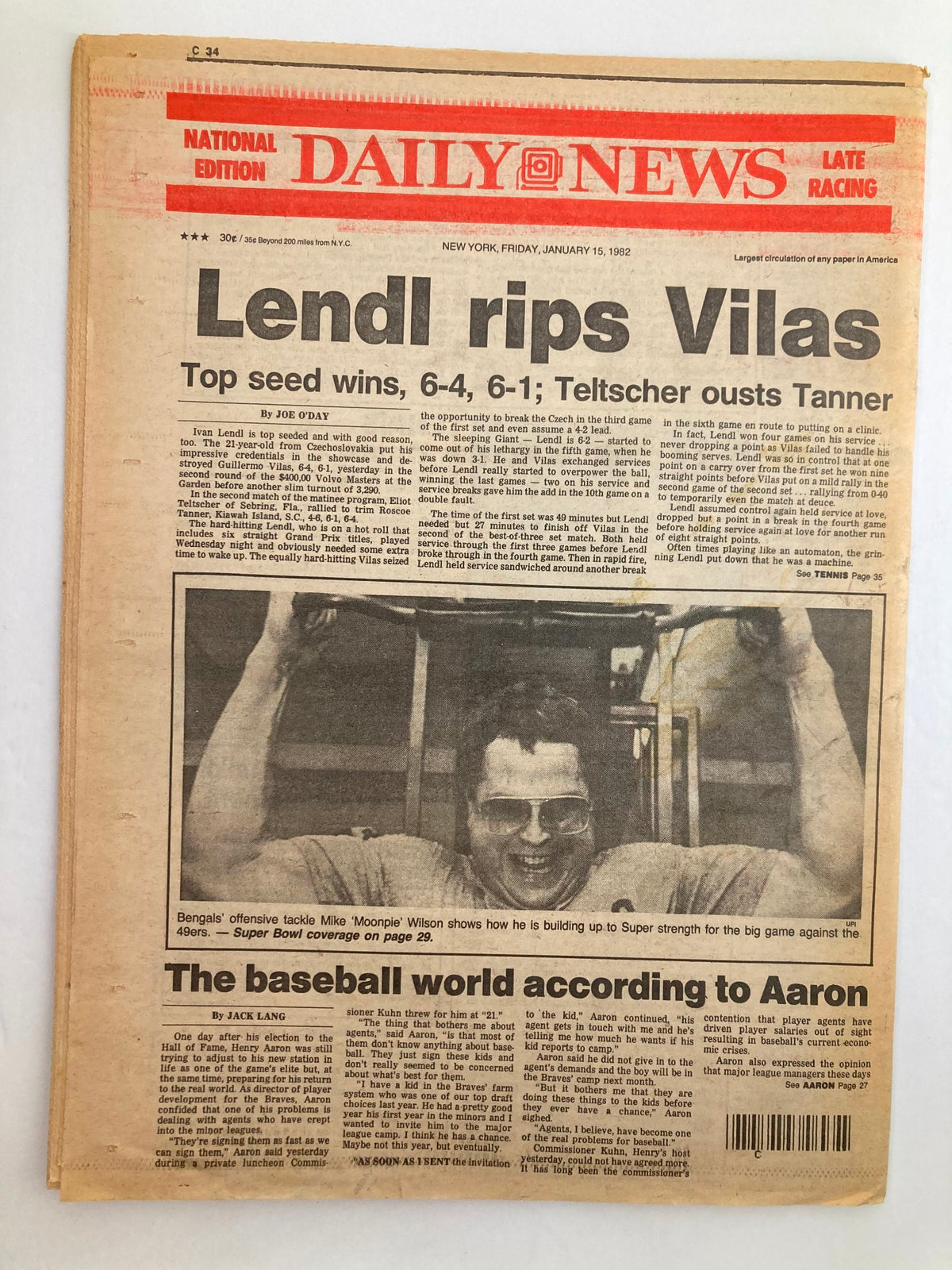 Daily News newspaper from January 15, 1982, showcasing the headline 'Lendl Rips Vilas' highlighting tennis results and features, including a photograph of a victorious player.