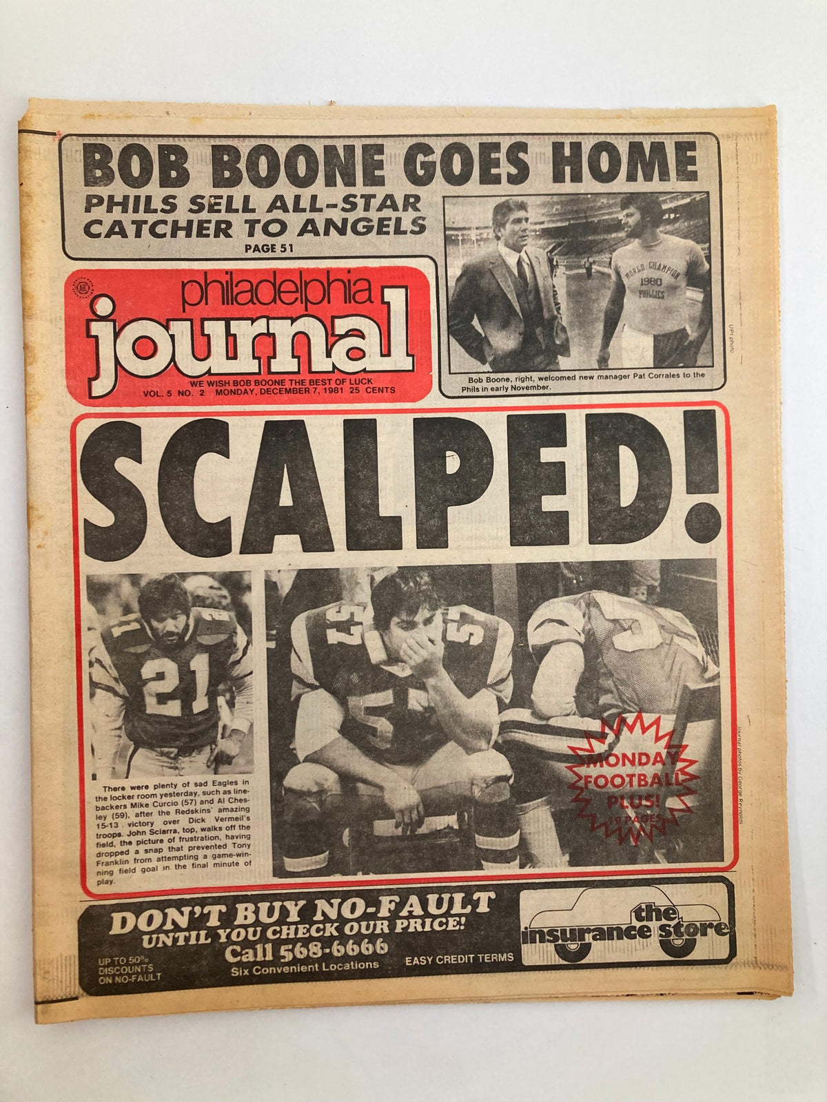 Philadelphia Journal Tabloid December 7 1981 Vol 5 #2 featuring NFL Eagles, titled 'SCALPED!', showing a newspaper cover with sports highlights including players and commentary on football.