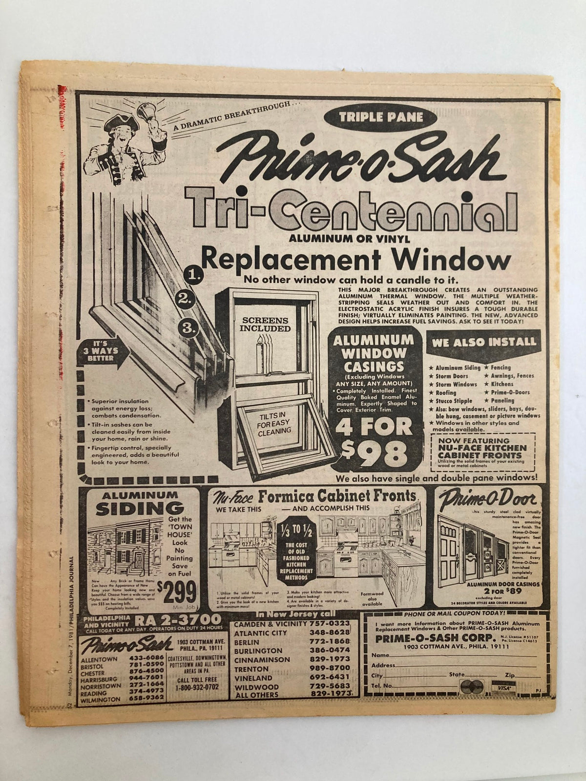Philadelphia Journal Tabloid December 7, 1981 Vol 5 #2 NFL Eagles Mike Curcio - Vintage newspaper advertisement featuring Prime-O-Sash Tri-Centennial replacement window, showcasing various window options, aluminum siding, and cabinet fronts.