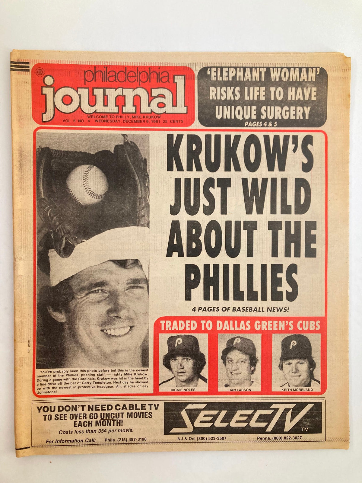 Philadelphia Journal Tabloid December 9 1981 featuring Mike Krukow on the cover, discussing the Philadelphia Phillies, with headlines about baseball news and a vintage layout.