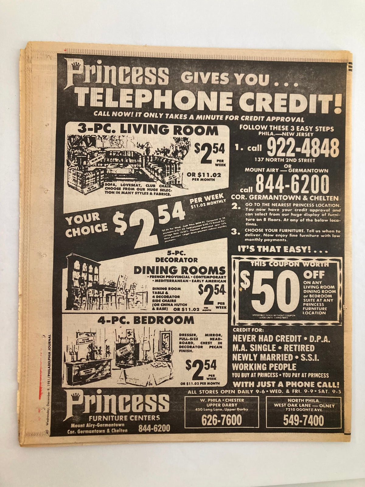 Philadelphia Journal Tabloid December 9 1981 Vol 5 #4 MLB Phillies Mike Krukow, featuring an advertisement for Princess furniture offering telephone credit, highlighting pricing for living rooms, dining rooms, and bedrooms.