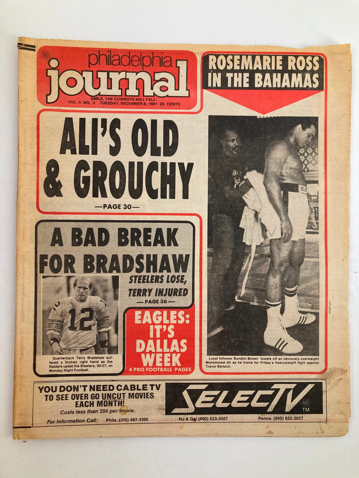 Philadelphia Journal Tabloid December 8, 1981, Vol 5 No 3 featuring headlines like 'Ali's Old & Grouchy' and 'A Bad Break for Bradshaw' discussing NFL Steelers and Terry Bradshaw's injury. Vintage newspaper image.