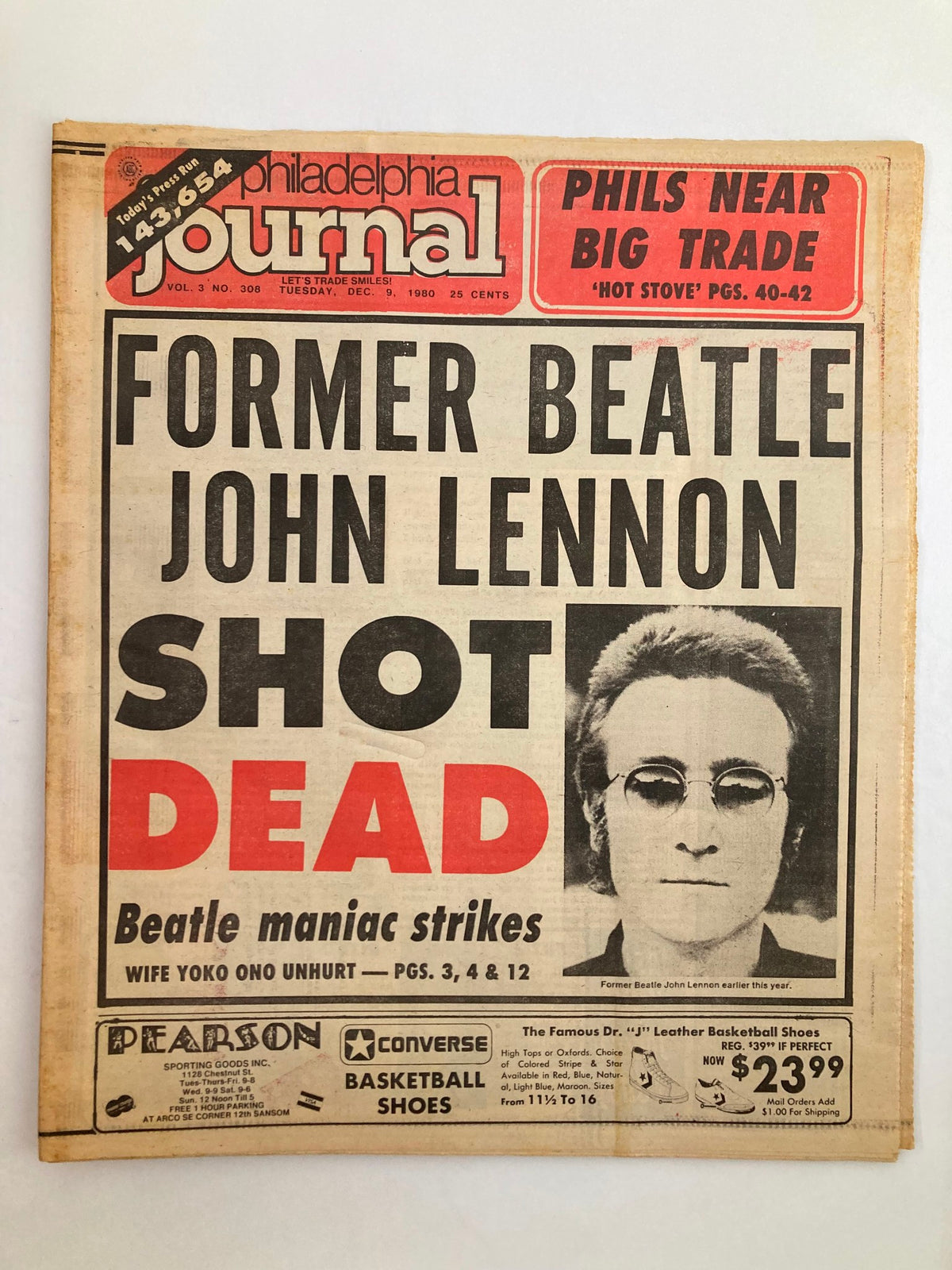 Philadelphia Journal Tabloid December 9 1980 front page highlighting the tragic news of former Beatle John Lennon being shot dead, featuring a black and white image of Lennon and bold headlines.