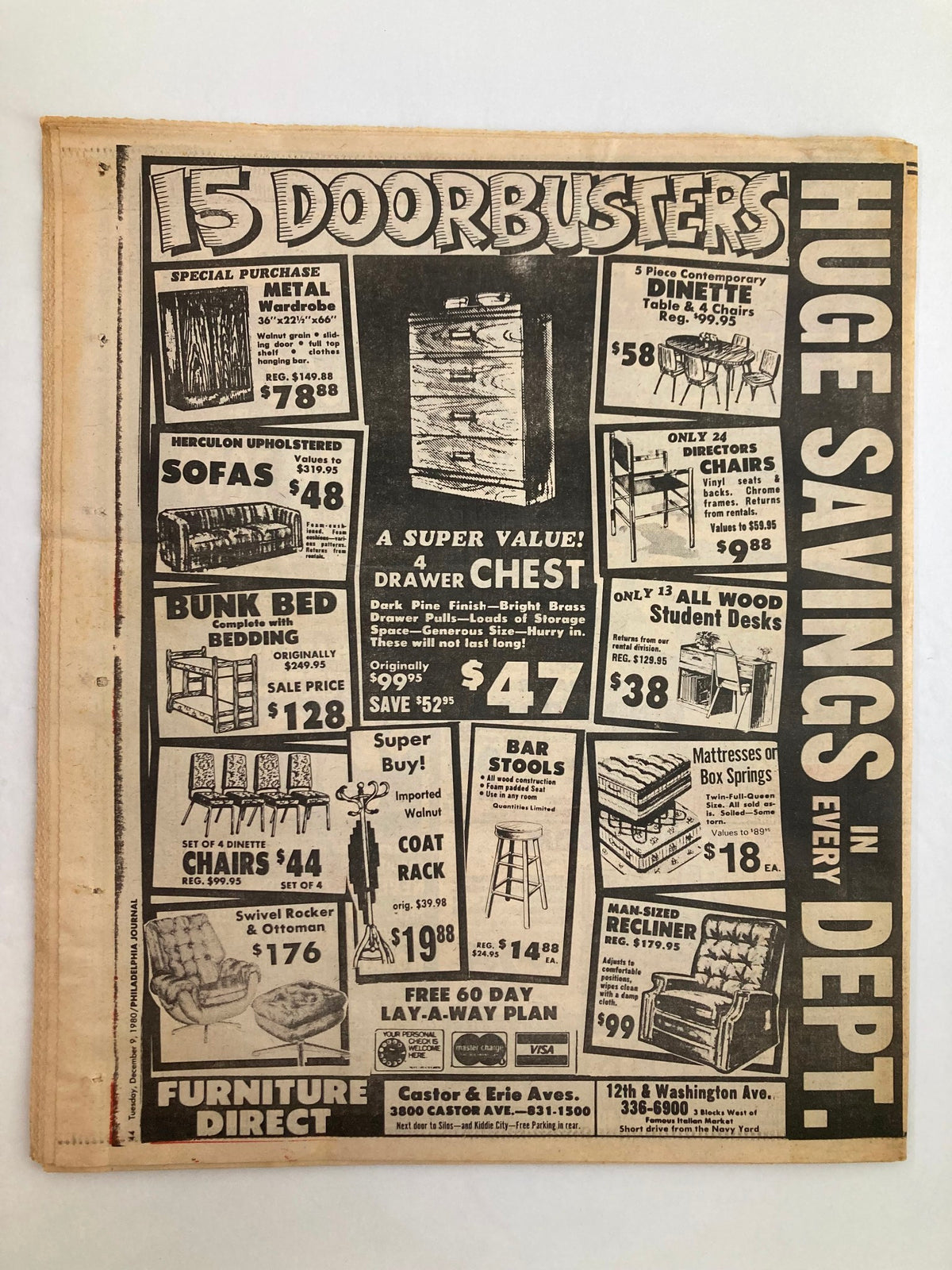 Philadelphia Journal Tabloid December 9 1980 back page advertisement showcasing various furniture deals with bold savings headlines and product listings.