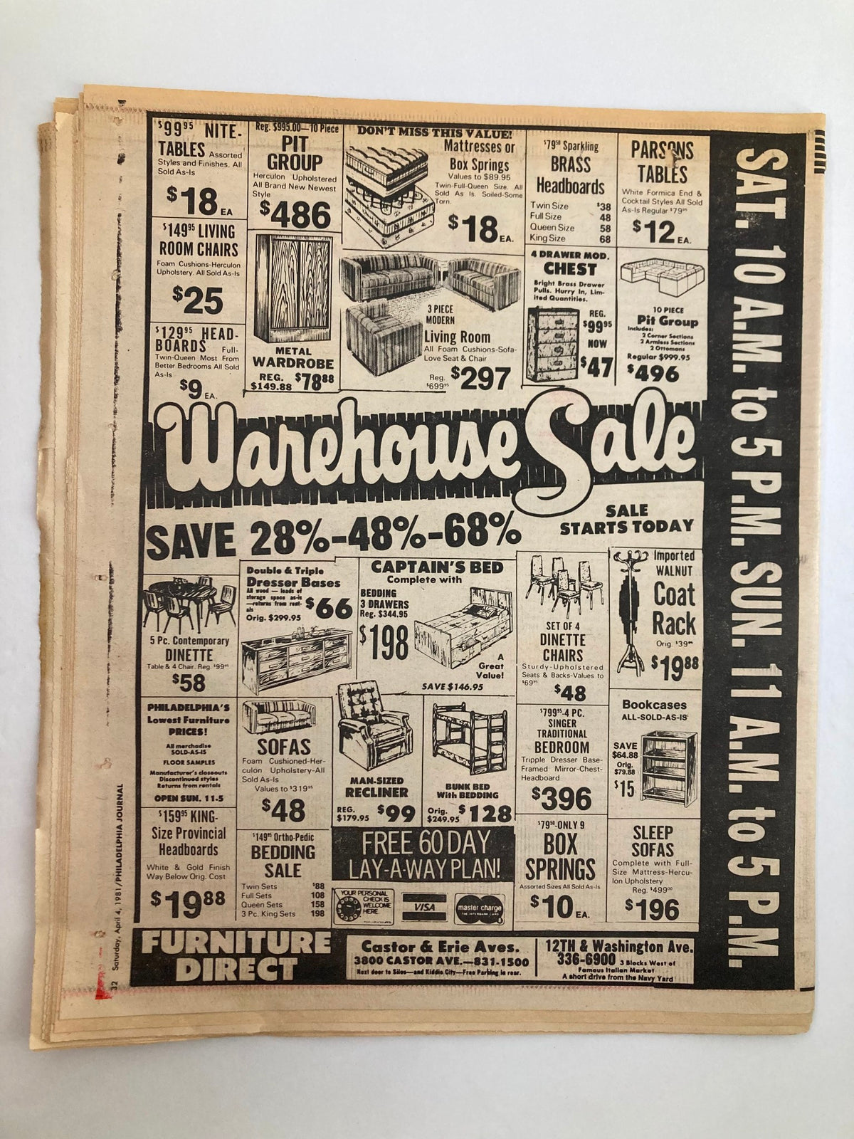 Philadelphia Journal Tabloid April 4 1981 Vol 4 #100 advertisement for a Warehouse Sale with various furniture items and prices.